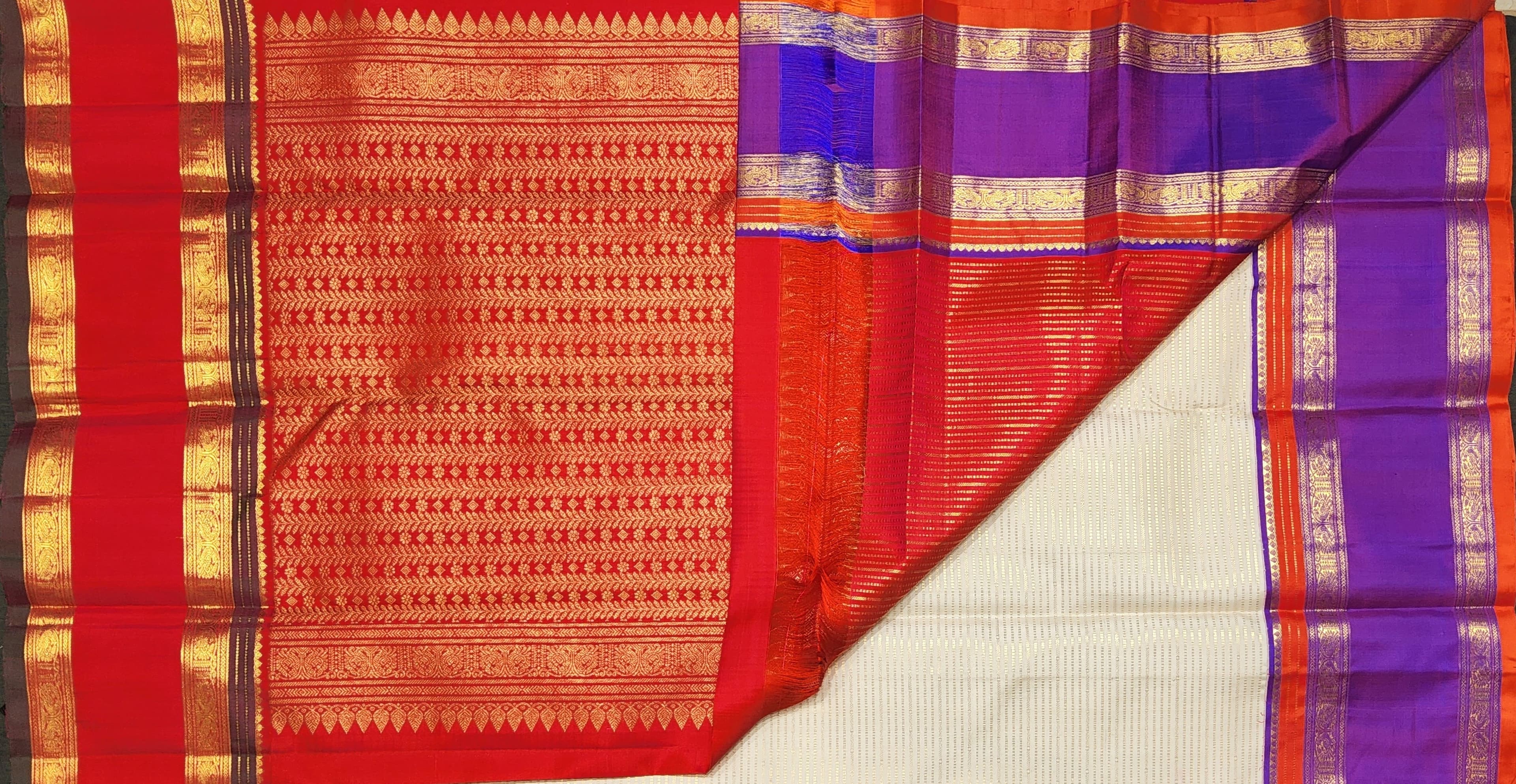 Off-White Kanchipuram Bharatanatyam Saree with Pink & Purple Borders