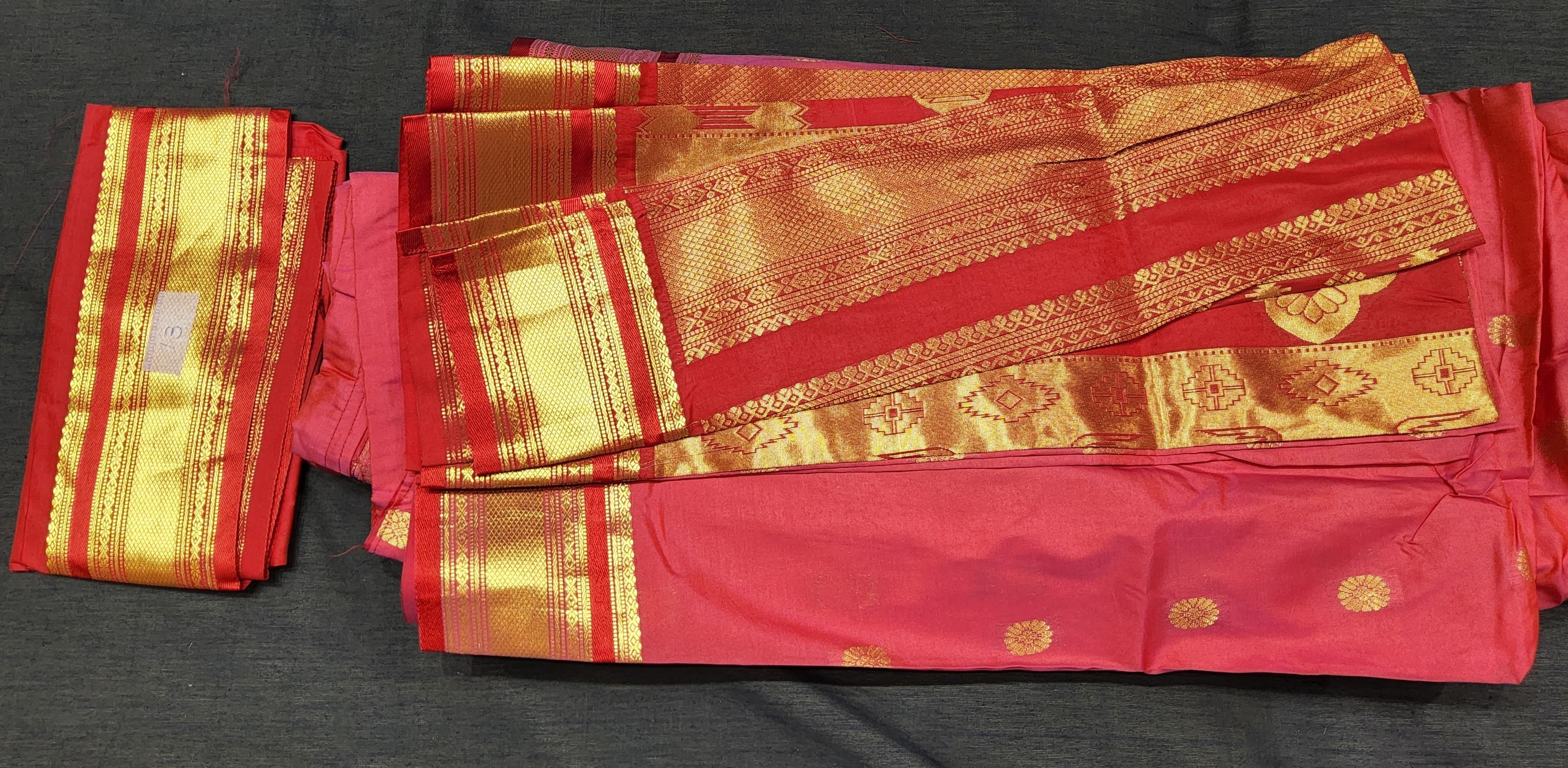 Readymade Madi Saree: Full view, vermillion red and green, authentic silk, perfect for bharatanatyam costume.