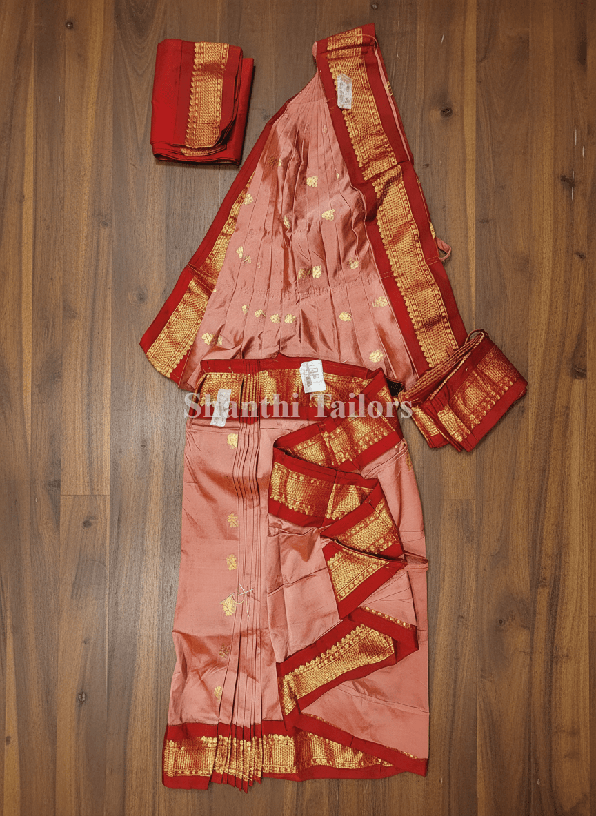 Authentic silk Bharatnatyam dress: Peach and maroon practice saree with golden border.