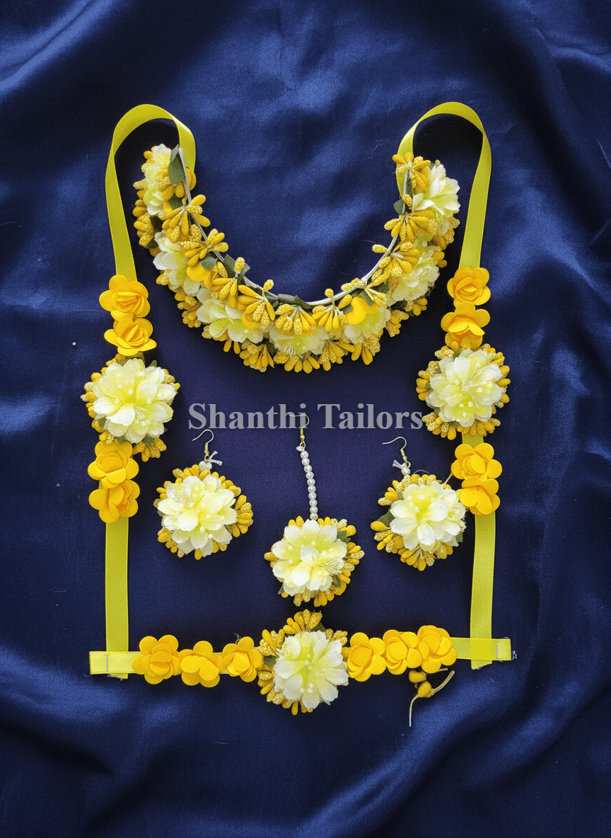 Radha full set: Fabric flower necklace, jhumkas, hair accessories for dance