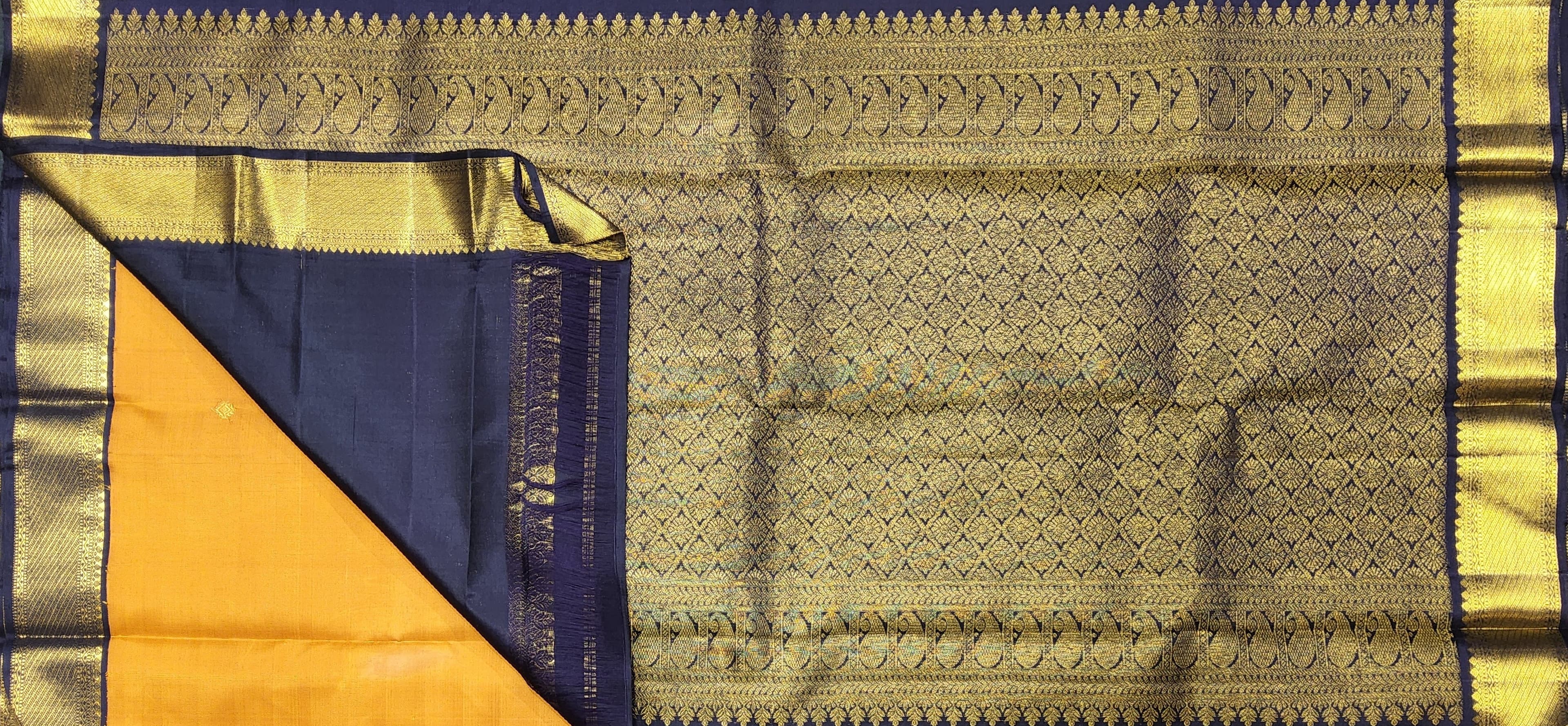 Bharatanatyam Kanchipuram Silk Saree | Midnight Blue & Mustard