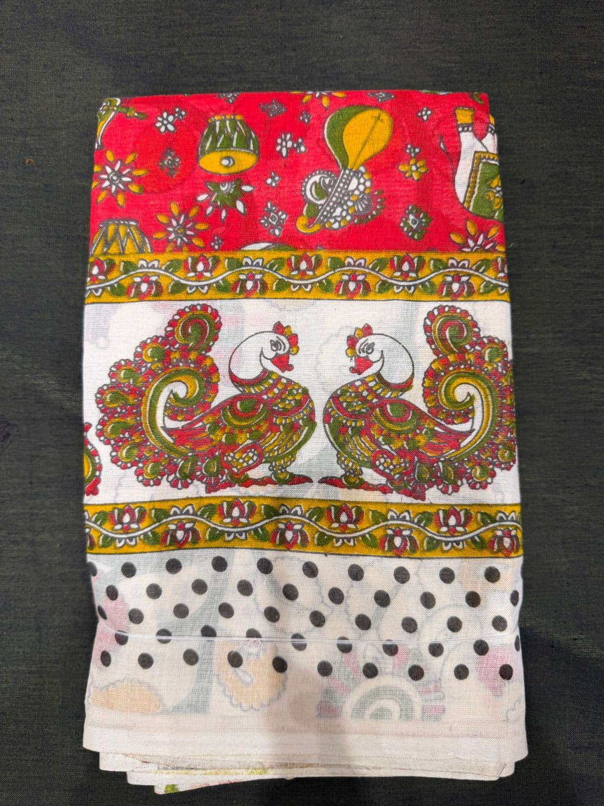 Kalamkari practice saree, Bharatanatyam costume detail. White panel with peacock design.
