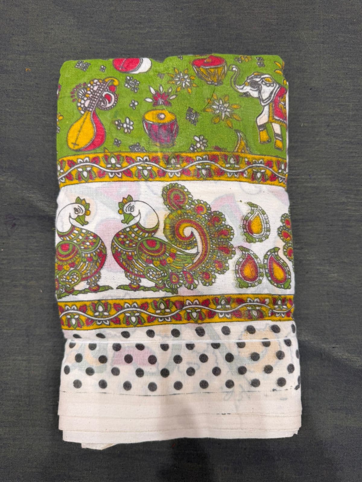 Kalamkari Bharatanatyam dress for practice, olive green and white. Full saree view.