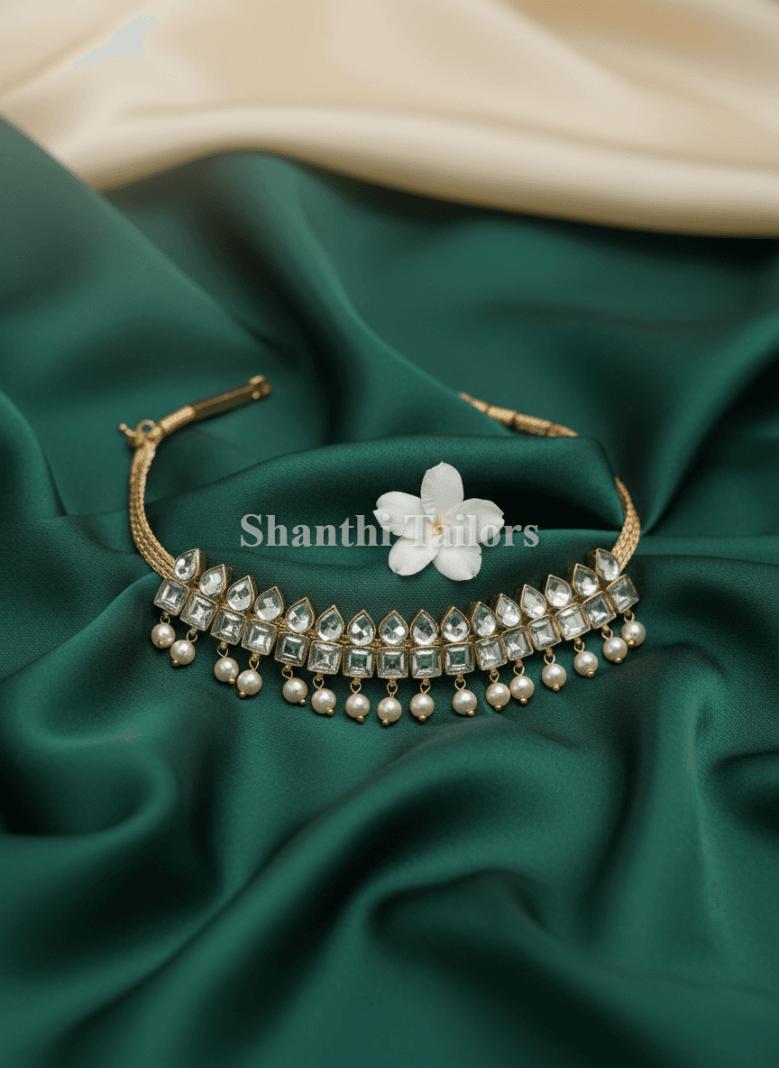 Square Kovi choker, silver base gold leaf temple jewellery necklace. Original temple jewellery set detail.