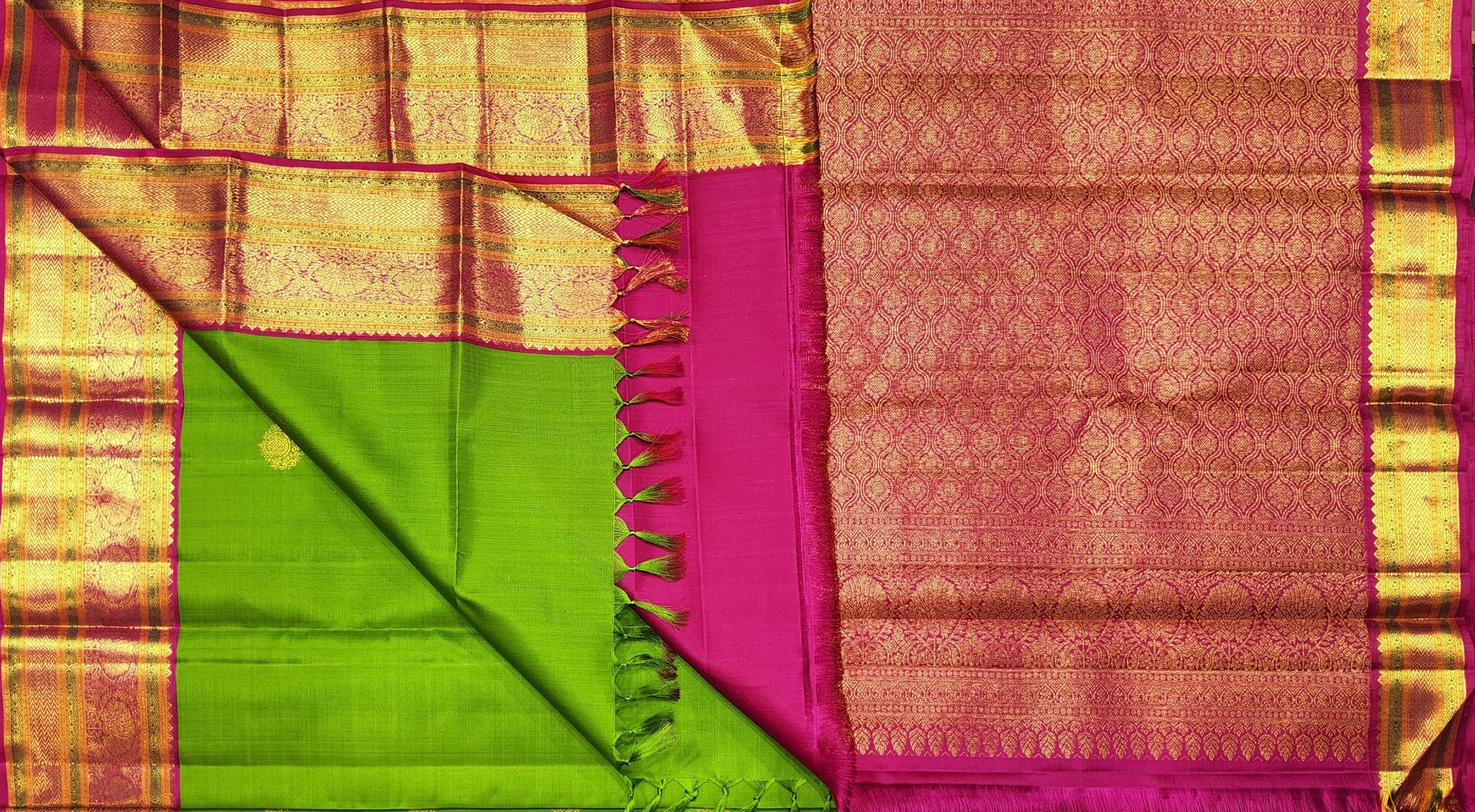 Green and Pink authentic silk Kanchipuram saree, a beautiful option for a dance practice saree.