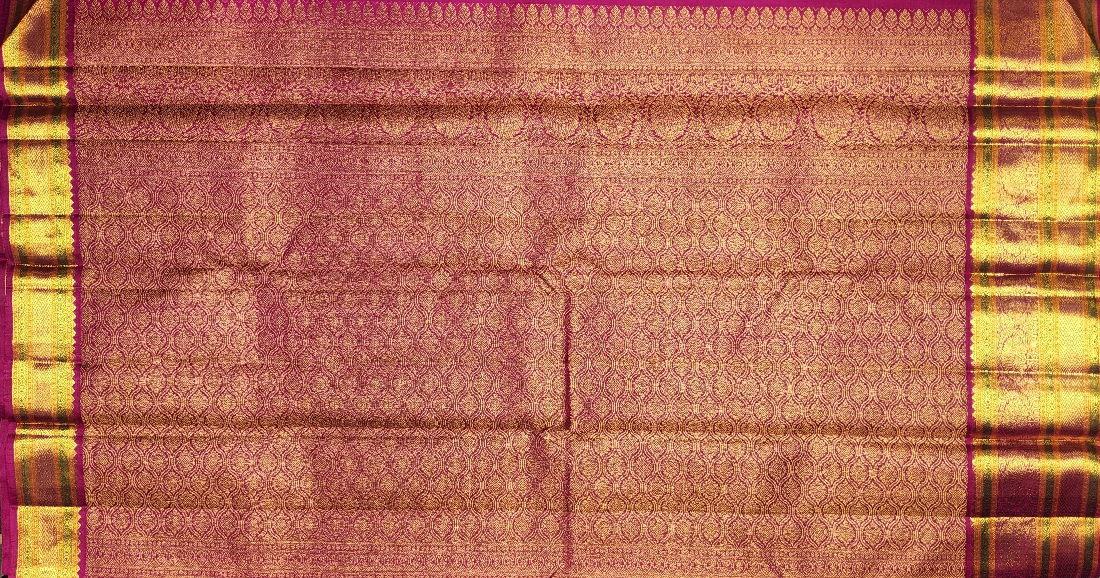 Full view of Green & Pink Kanchipuram authentic silk saree, ideal Bharatanatyam practice saree.