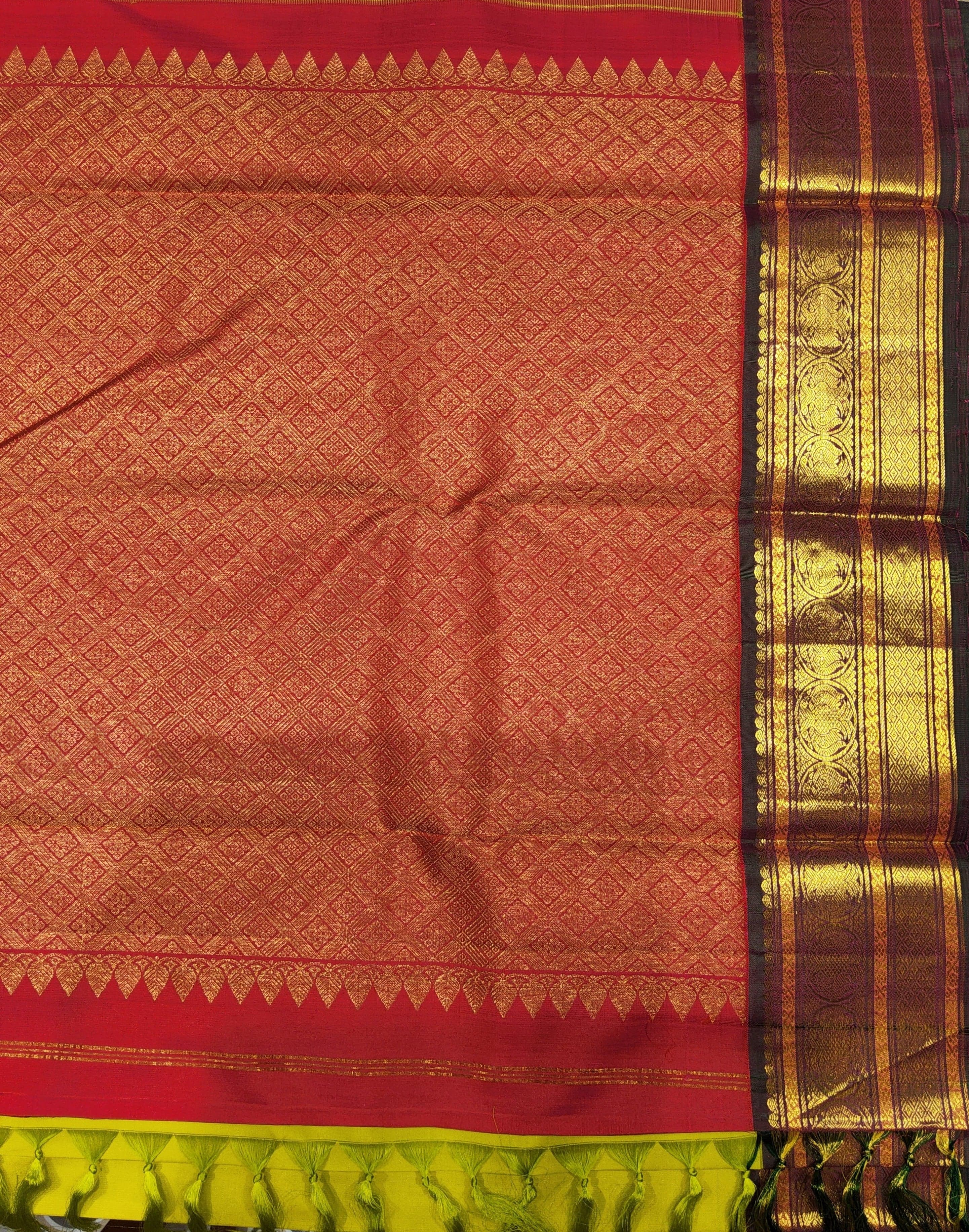 Pure Kanchipuram authentic silk saree: Full view, Arangetram saree, red and gold.
