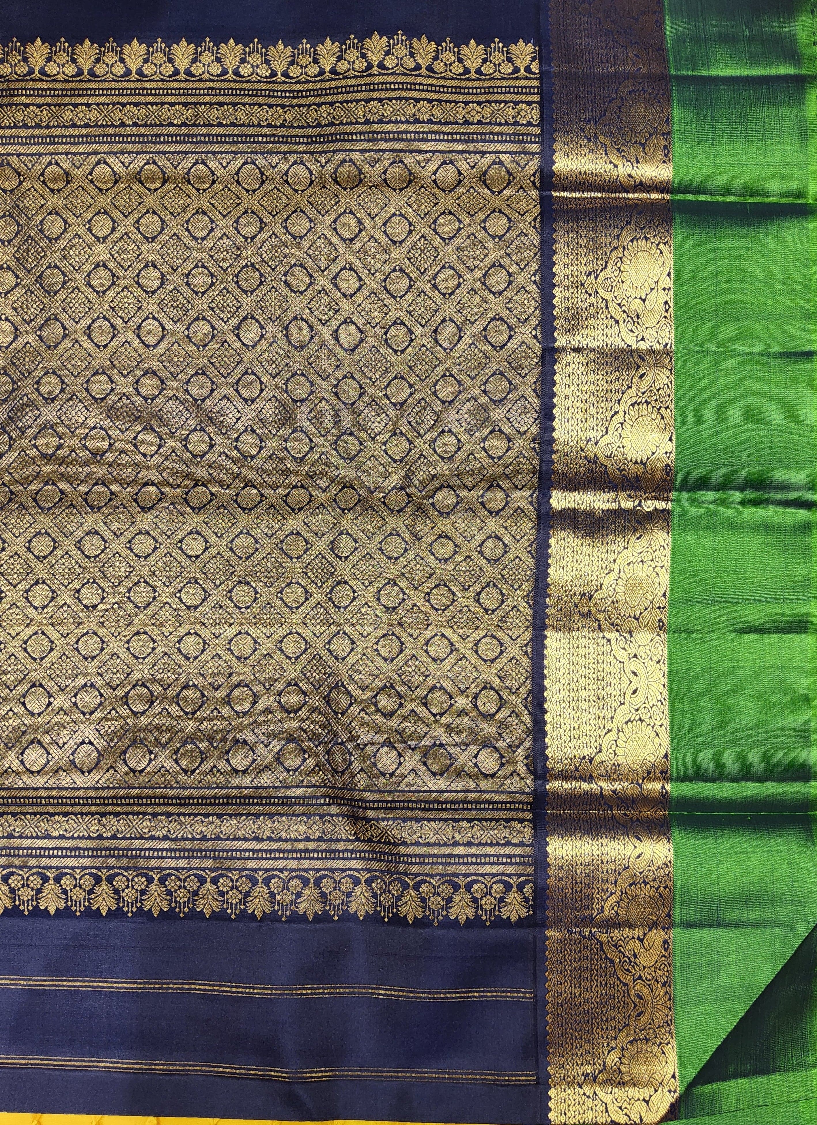 Yellow Kanchipuram authentic silk saree with blue border, Dharmavaram pattu sarees inspired.