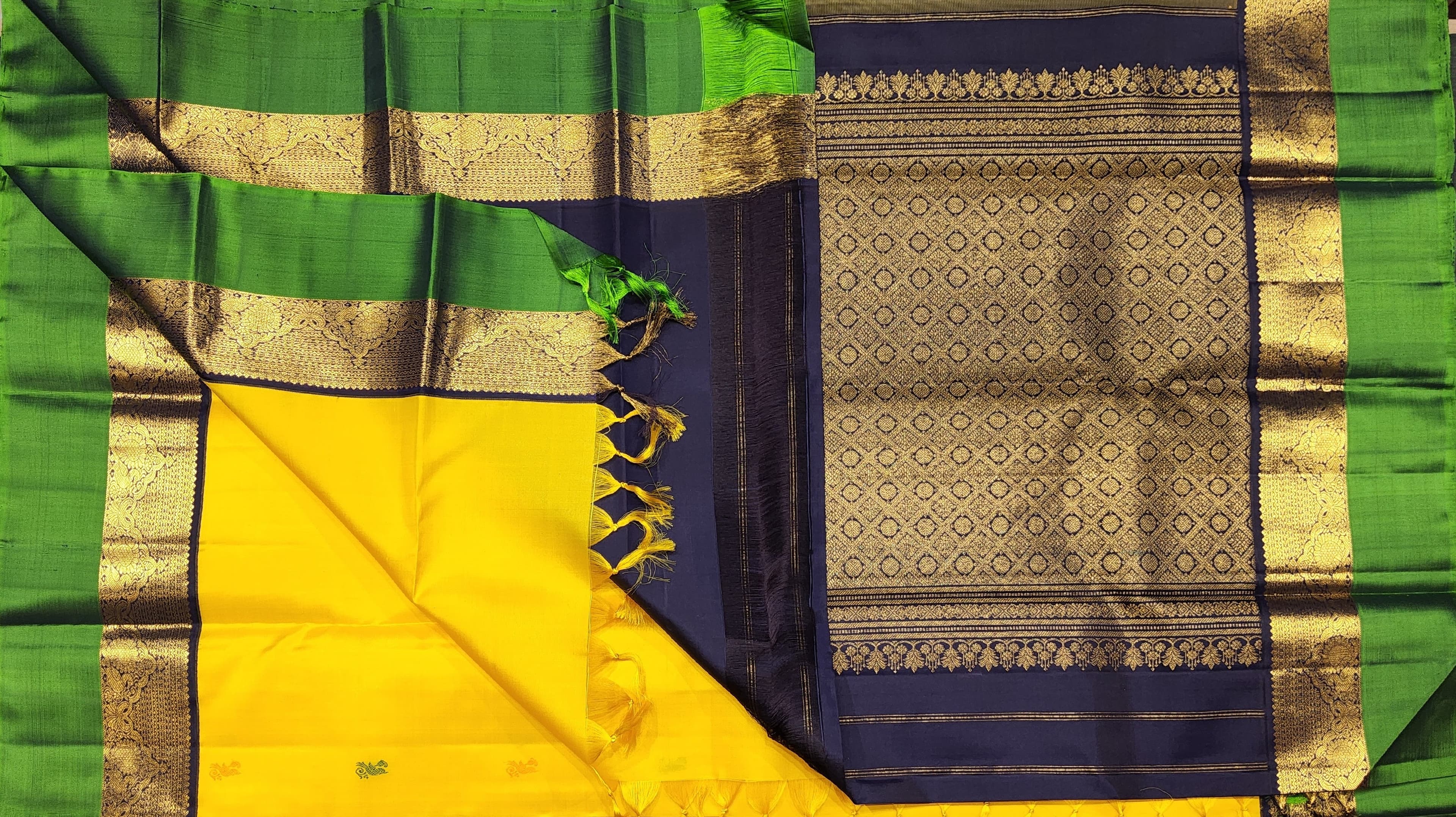 Kanchipuram authentic silk saree, yellow & blue, green pallu. Suitable for Arangetram meaning.