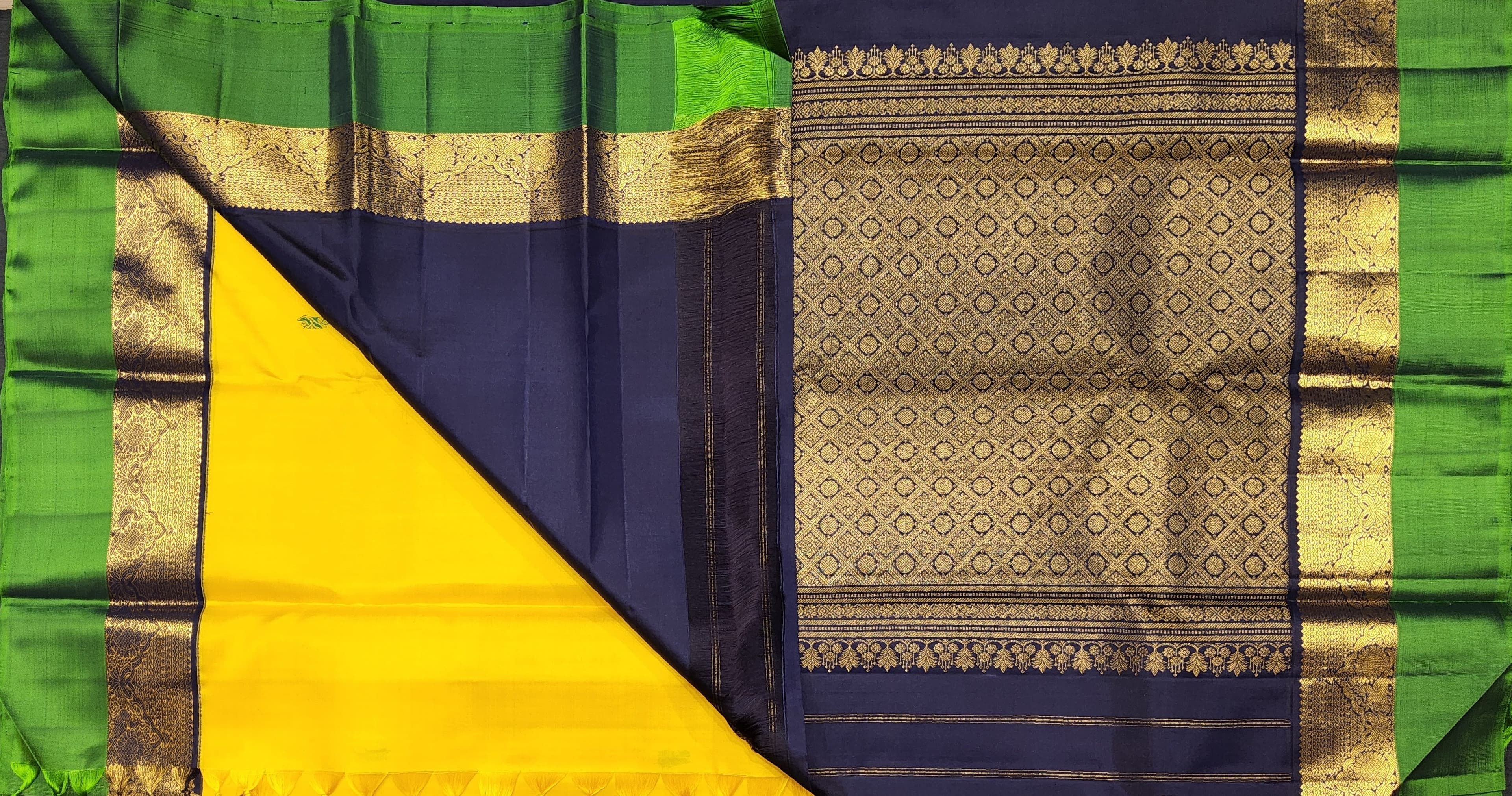 Full view: Yellow and Blue Kanchipuram authentic silk saree, ideal Arangetram costume.