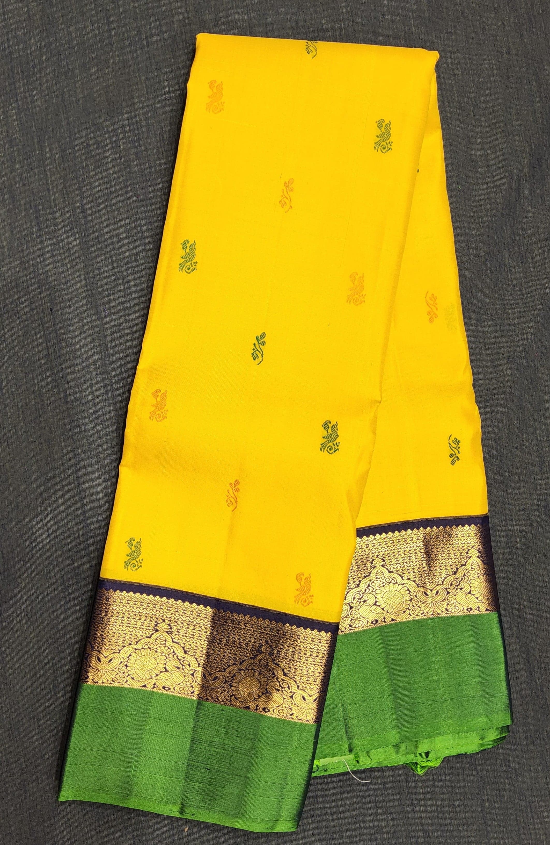 Kanchipuram authentic silk saree, yellow and blue, perfect Arangetram saree with green pallu.