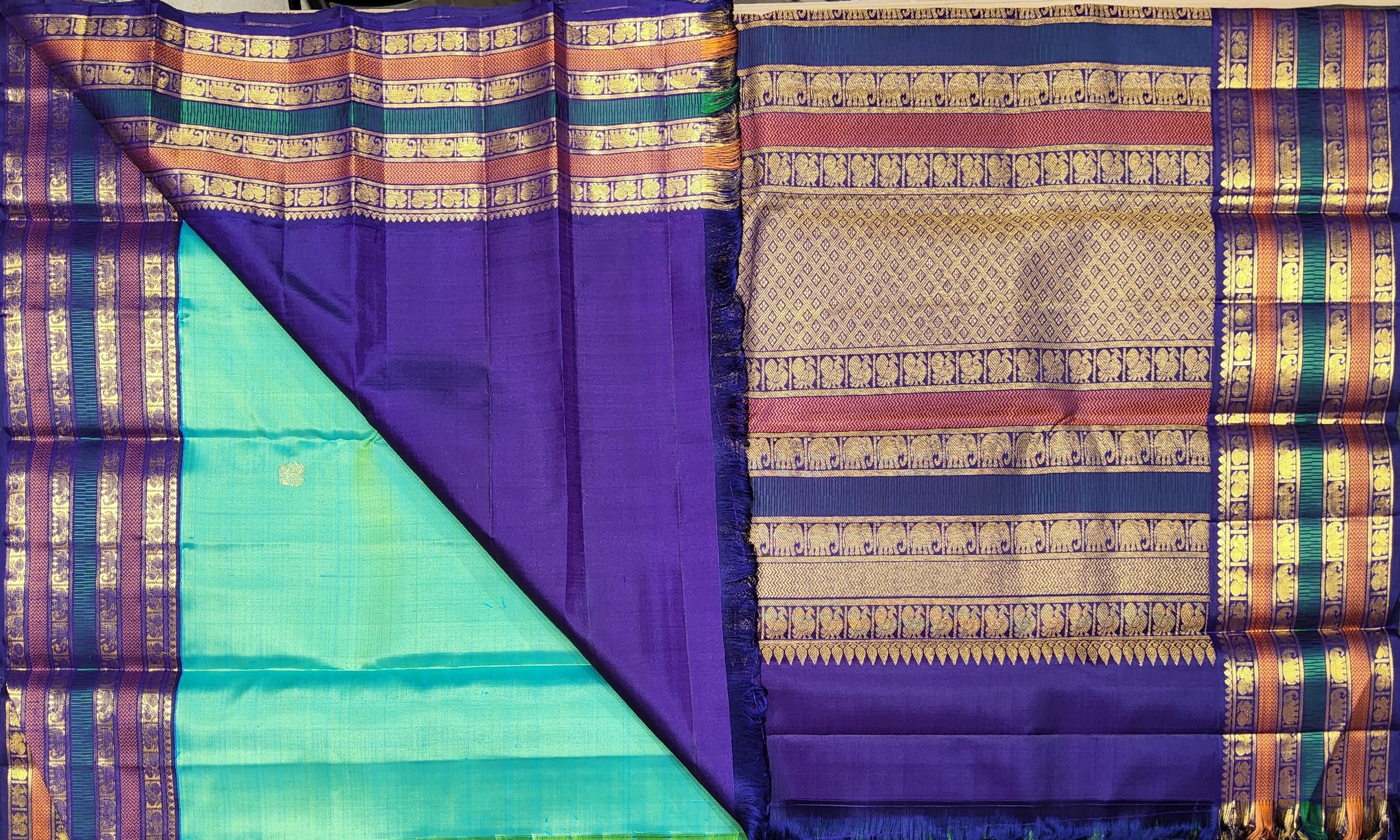 Authentic silk Kanchipuram saree in Ramar Blue, wide gold zari border, Arangetram meaning explored