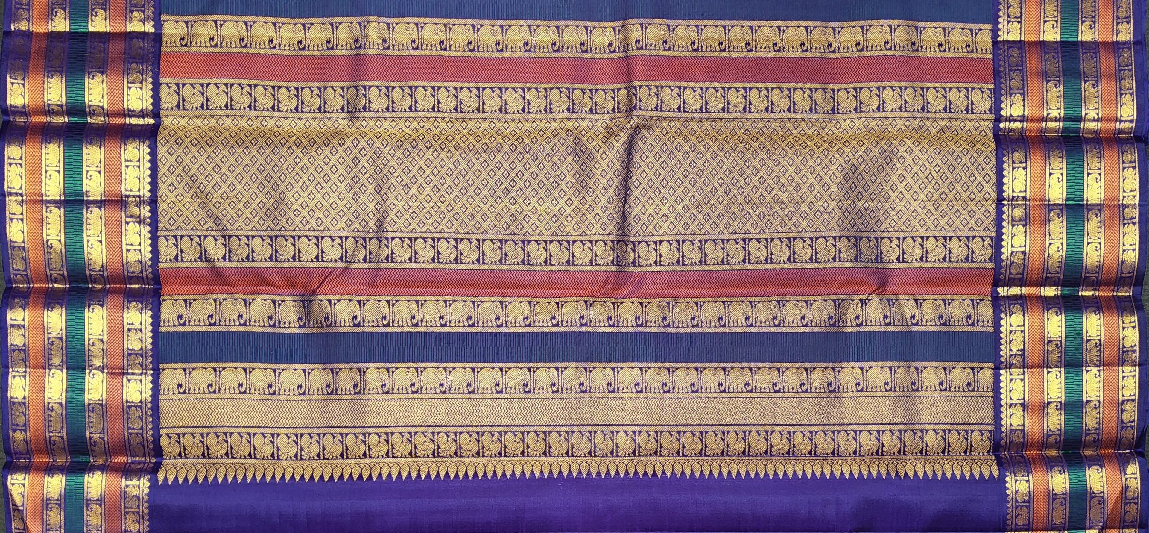 Ramar Blue Kanchipuram authentic silk saree pallu, elephant & peacock motifs, best Arangetram choice