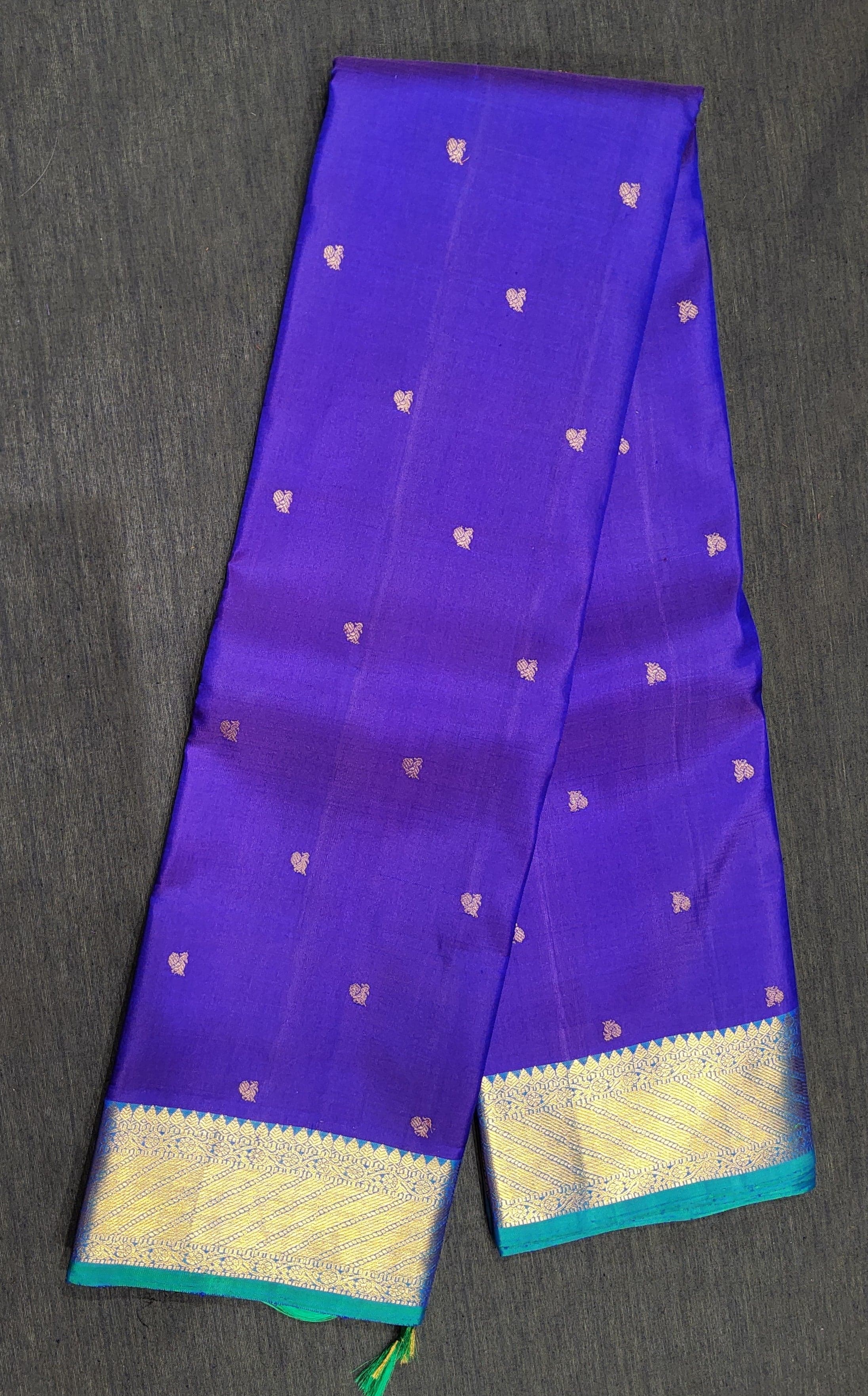 Authentic silk Kanchipuram saree close-up: Royal blue and green, perfect for dance practice saree