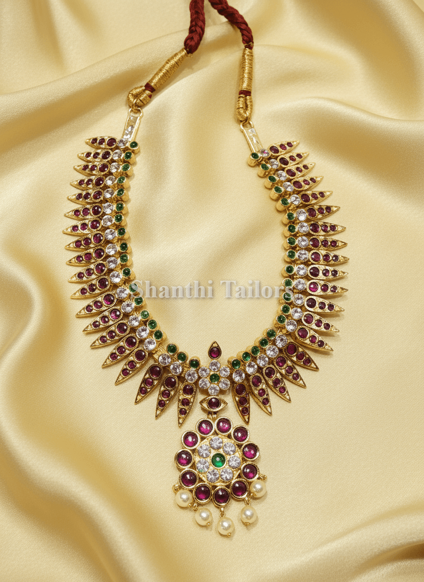 Bharatanatyam Temple Jewellery Pichipoo Necklace with Kemp Stones