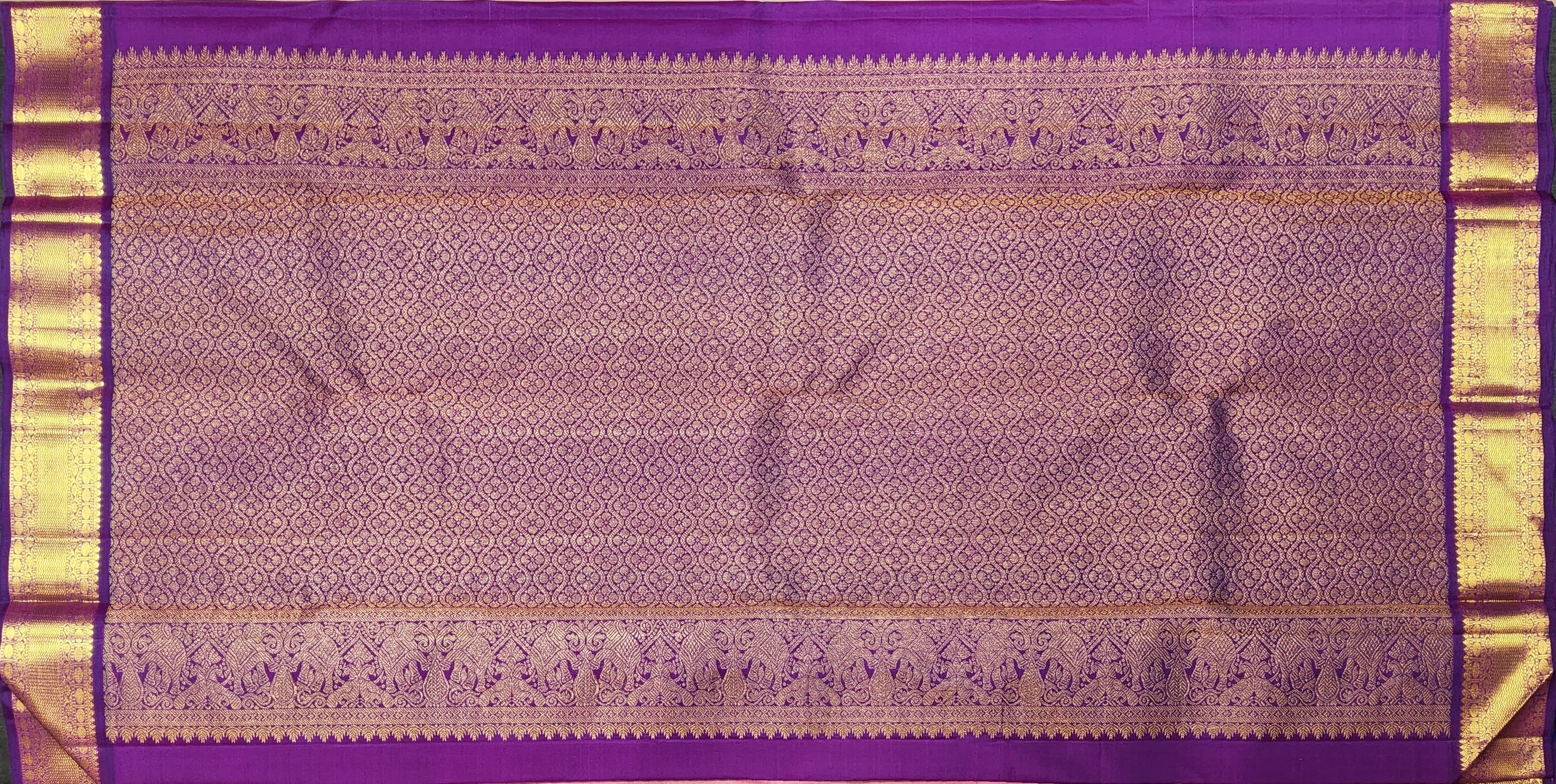 Kanchipuram Silk Saree Peach Vadamalli pallu, gold zari detail, authentic silk arangetram saree.