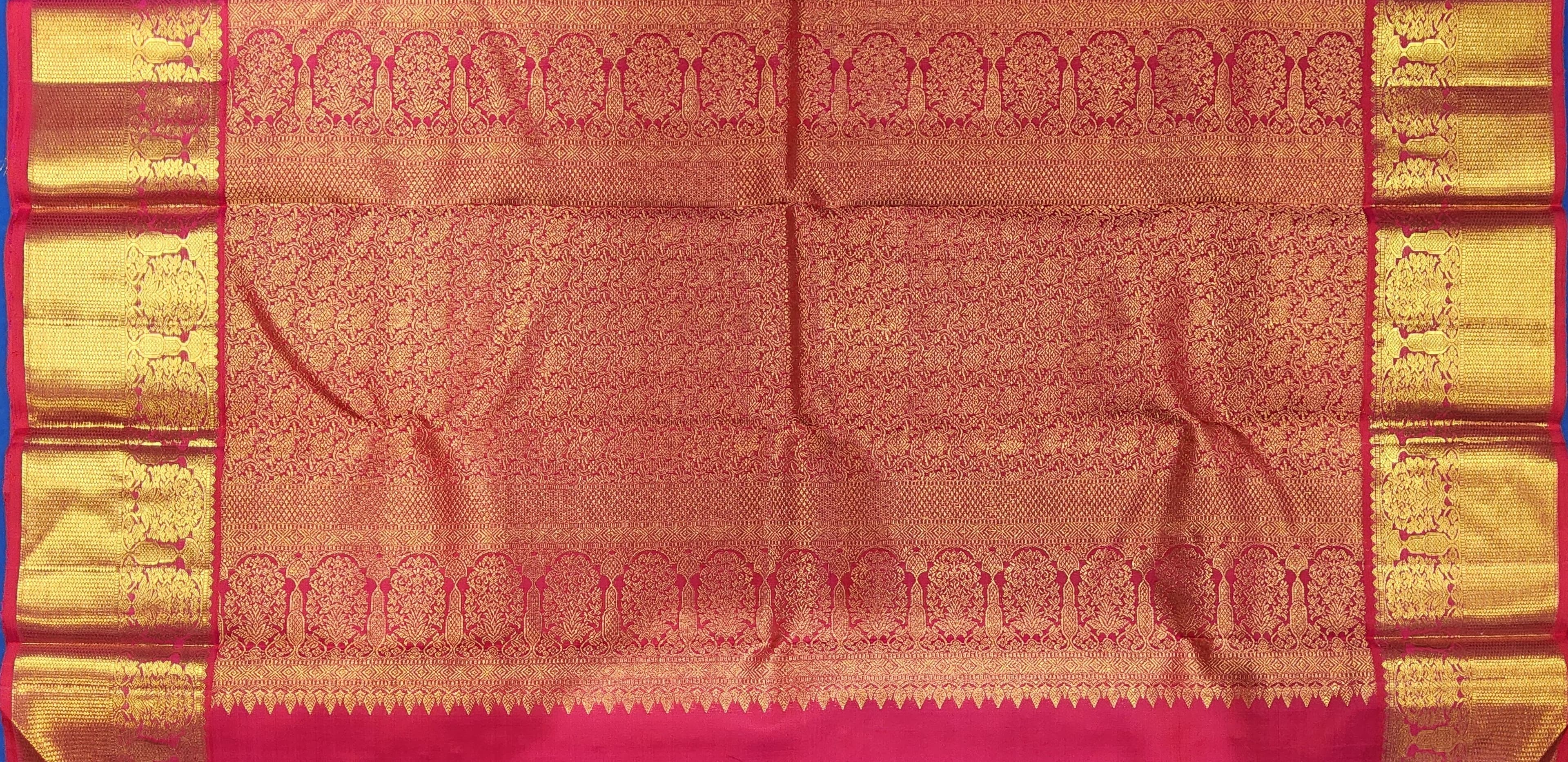 Green & Pink Kanchipuram authentic silk saree pallu, gold zari work, Arangetram meaning