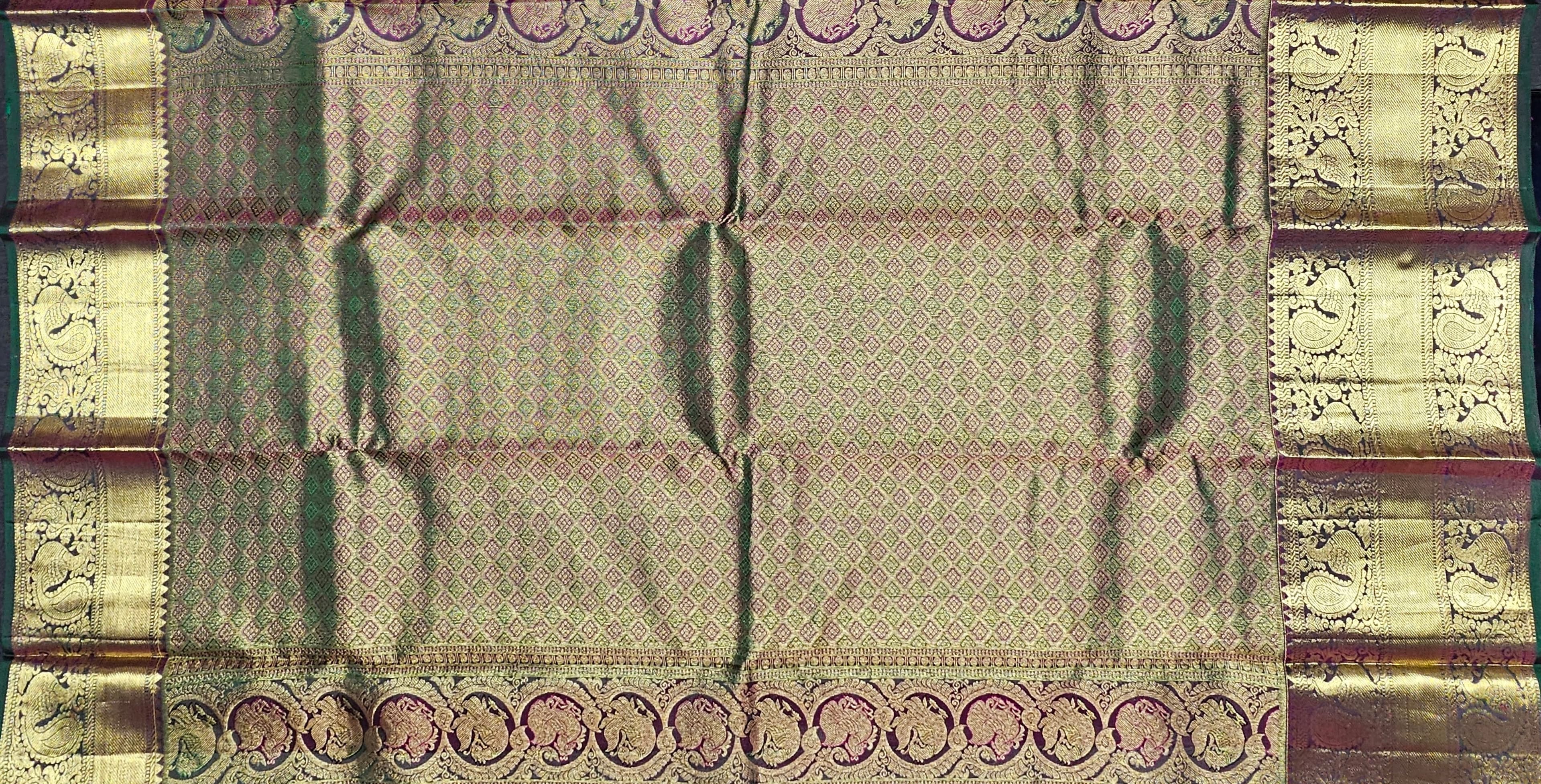 Arangetram Kanchipuram Silk Saree: Peach Pink & Green Handloom