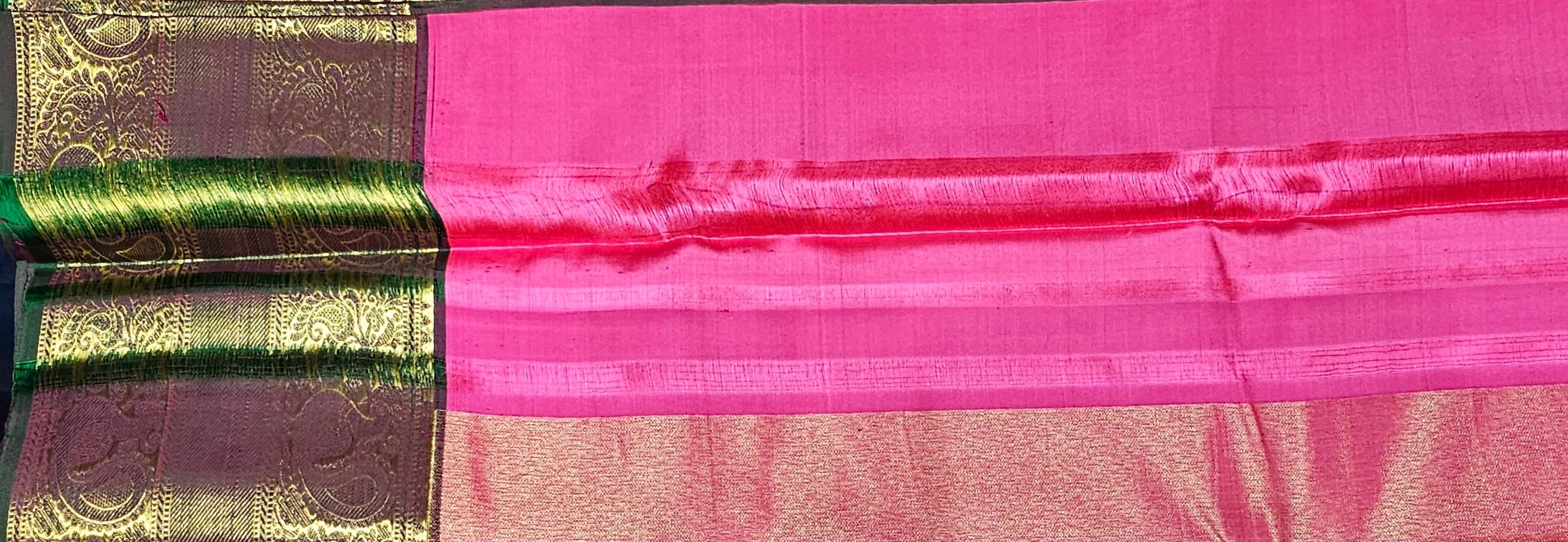 Arangetram Kanchipuram Silk Saree: Peach Pink & Green Handloom