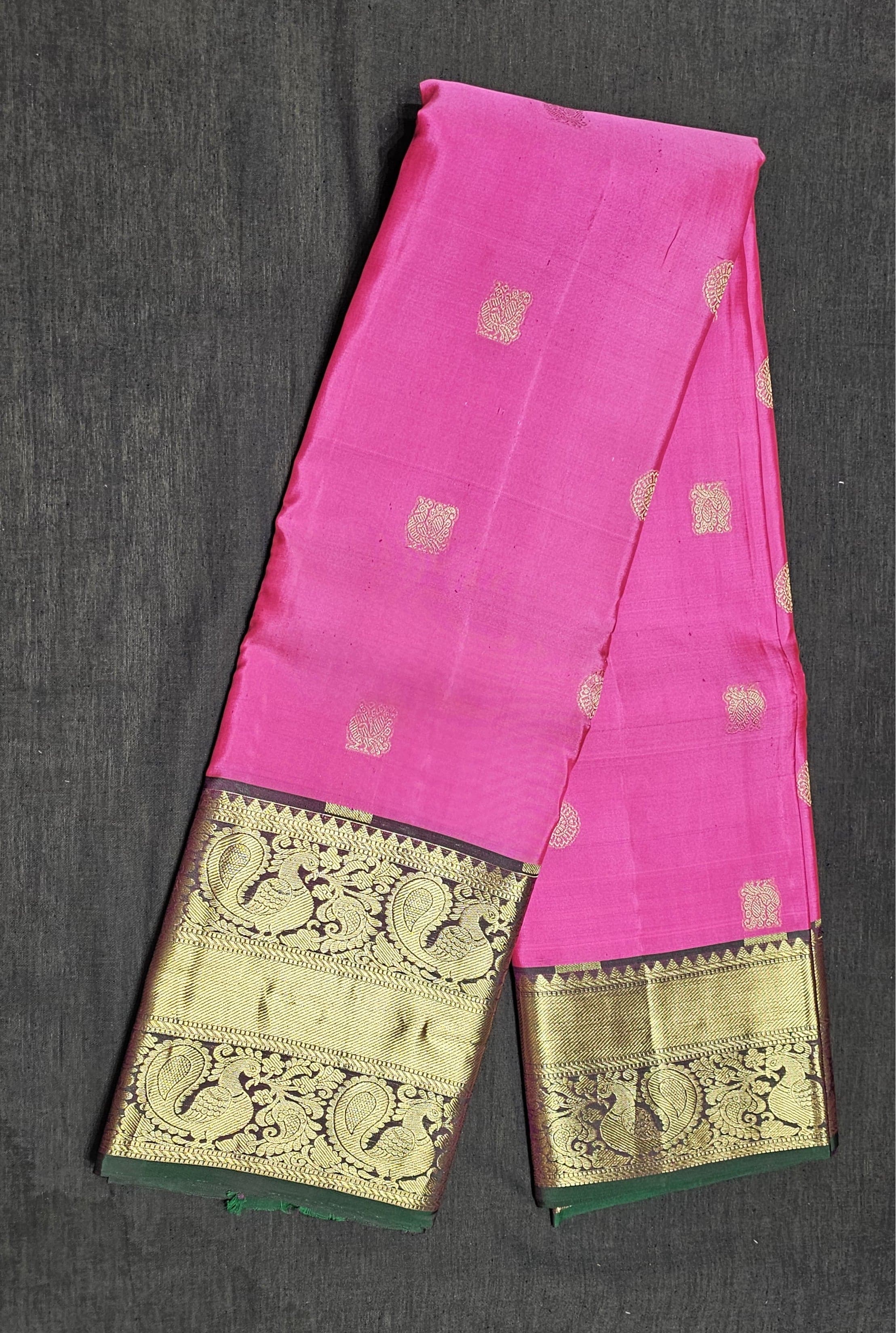 Arangetram Kanchipuram Silk Saree: Peach Pink & Green Handloom