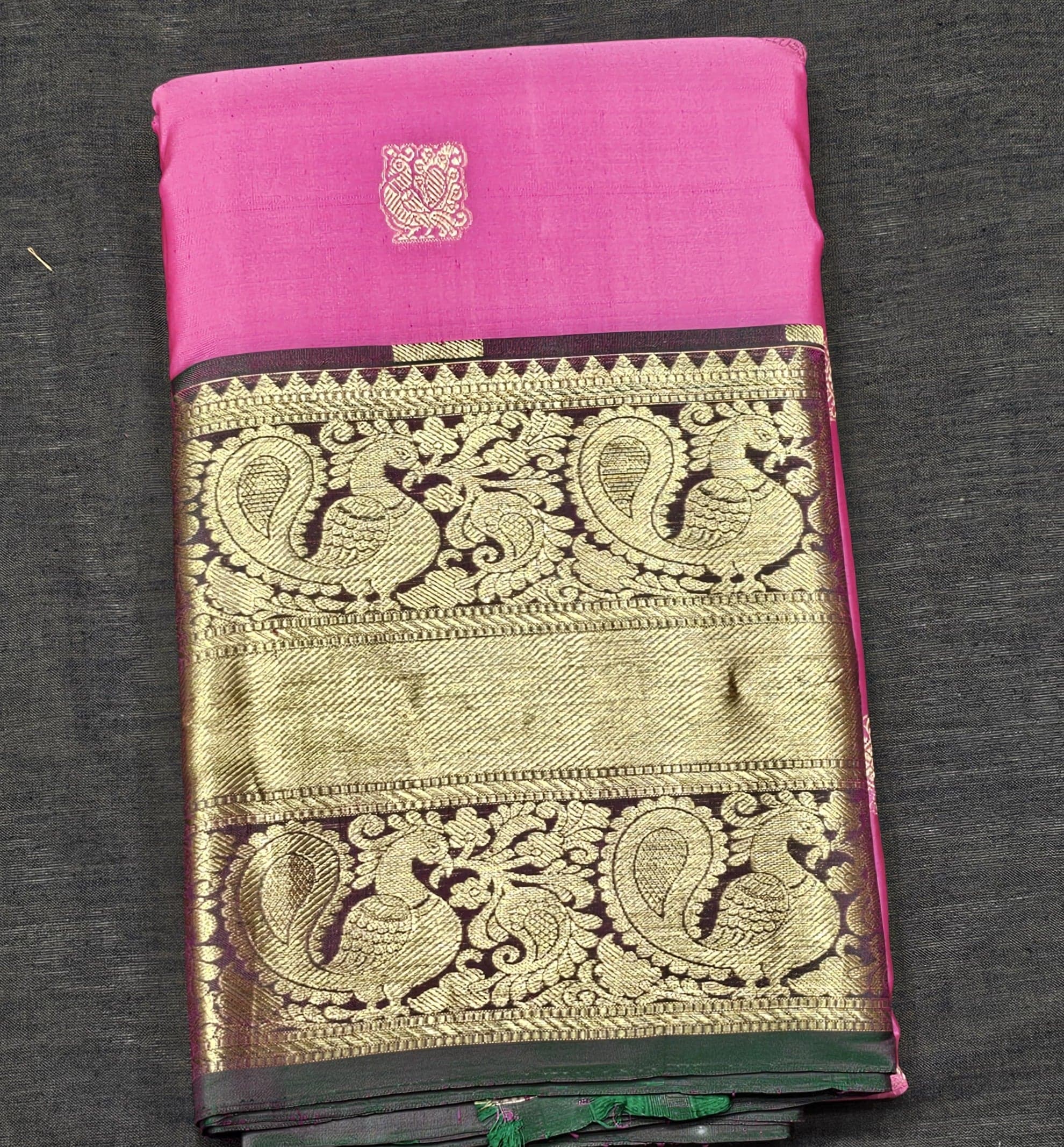 Arangetram Kanchipuram Silk Saree: Peach Pink & Green Handloom