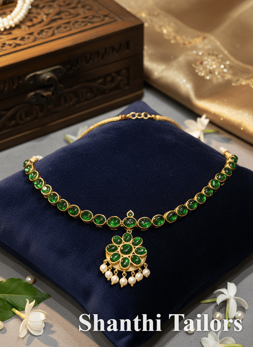 Original Oval Attigai Temple Jewellery - Green Kemp | Bharatanatyam