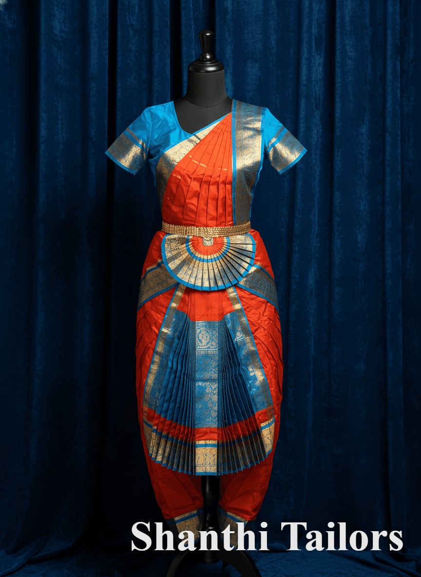 Vibrant Orange & Blue Readymade Bharatanatyam Costume