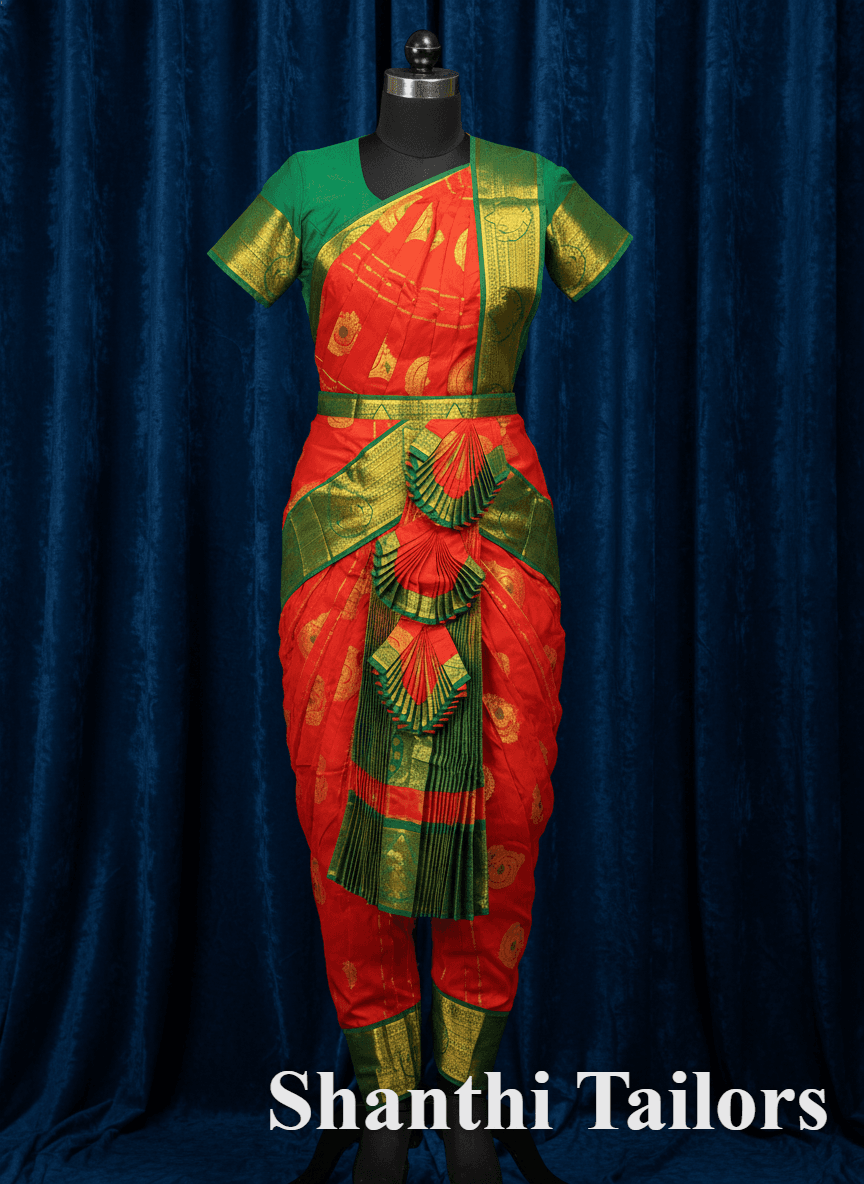 Vibrant Bharatanatyam Pant Costume: Red & Green Ready-to-Wear