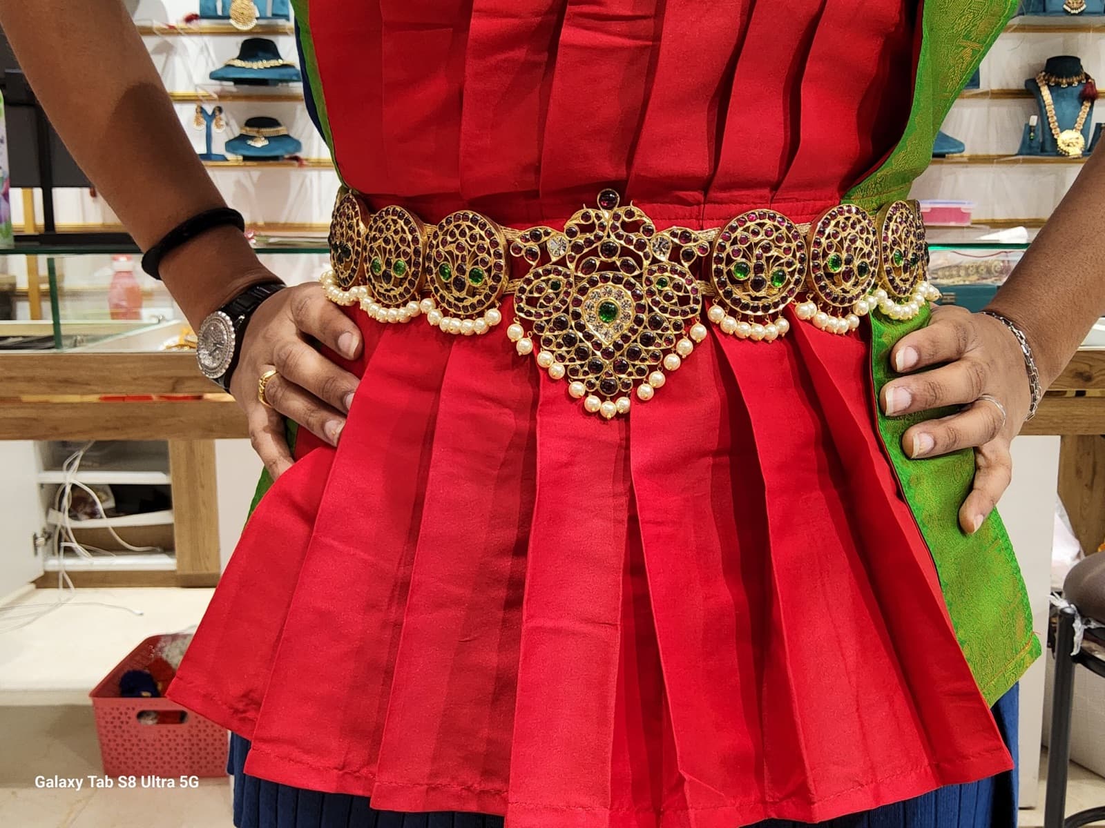 Silver & Gold Peacock Belt: Handcrafted temple jewellery hip belt, best for Indian classical dancers.