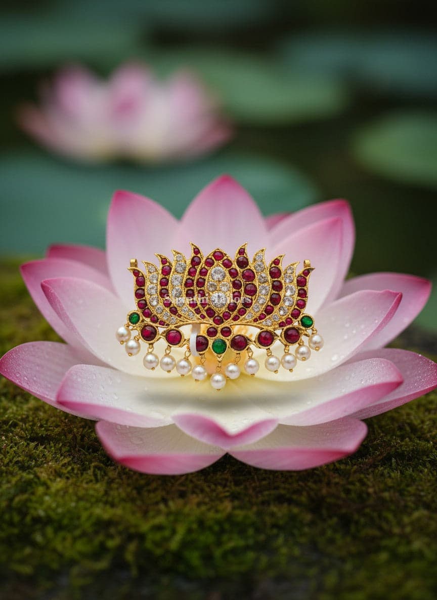 Pendant Detachable Haram: Close up of temple motifs and premium stones. Dance jewellery.