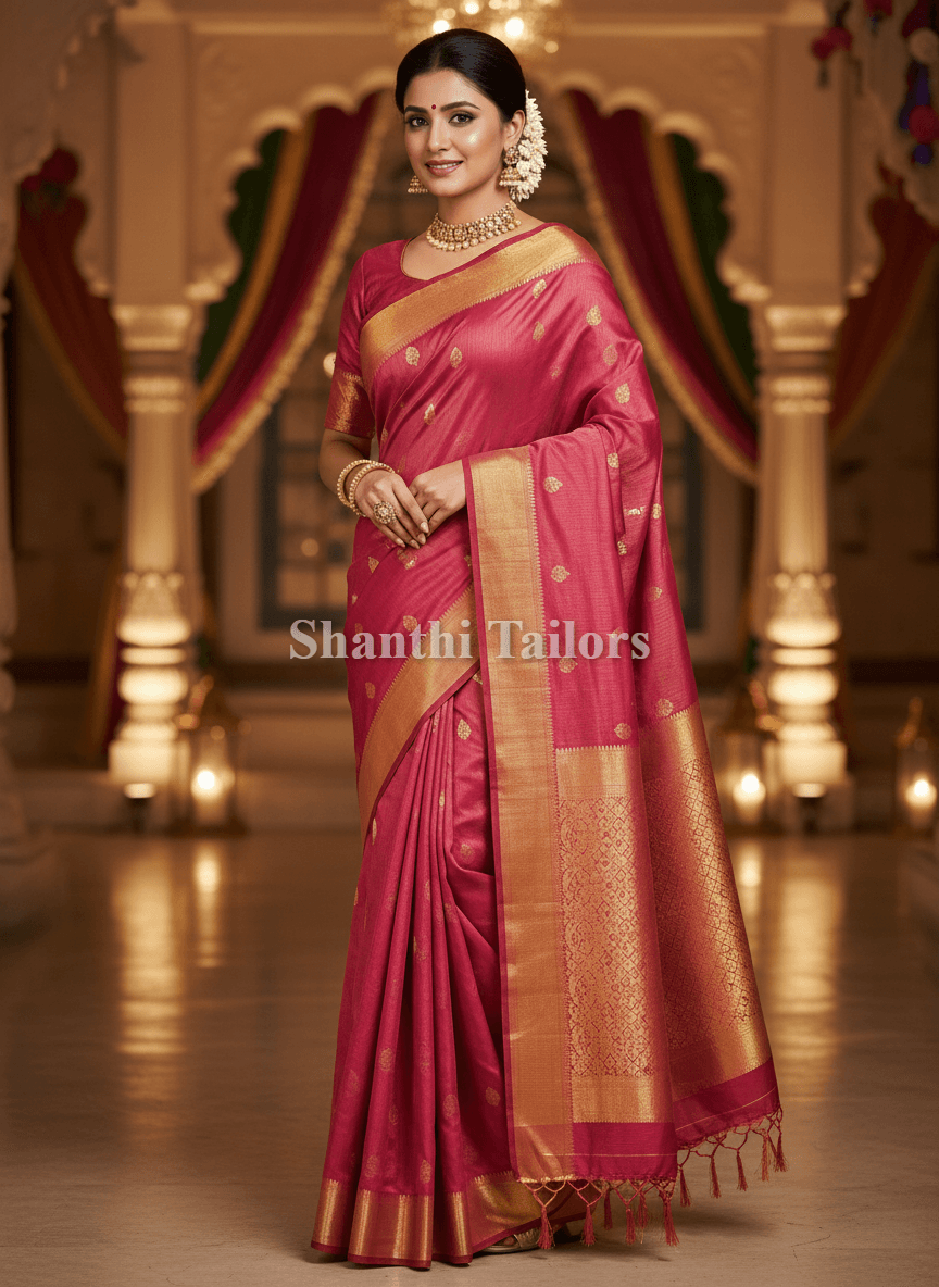 Full shot of Majentha Kanchipuram silk saree. Best for Bharatanatyam or dance practice saree.