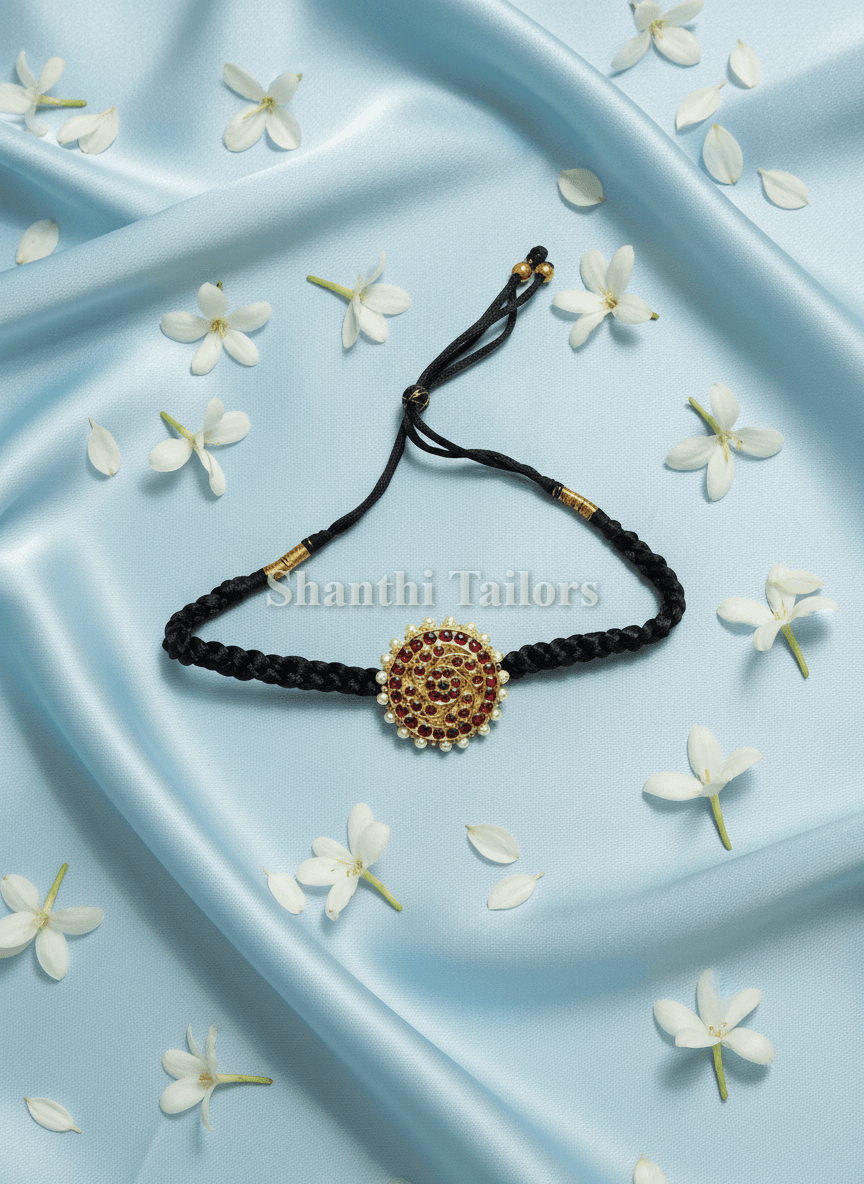Sun with Thread Choker: Original Temple Jewellery in silver base gold leaf. Kemp stone bharatanatyam jewellery.