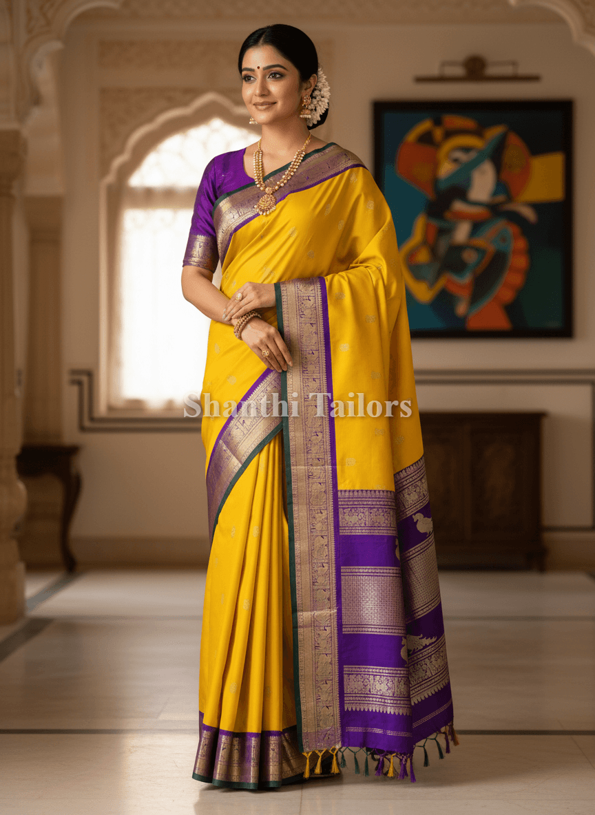 Yellow Purple Kanchipuram Silk Saree: Pallu design with intricate 2G gold zari.