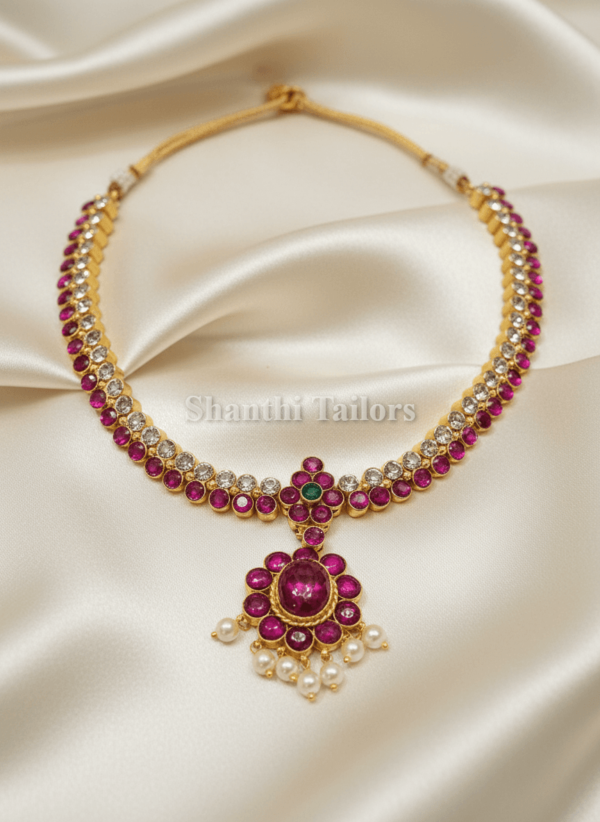 Double Stone Attigai Temple Jewellery: Full view of the 24K gold-plated silver necklace.