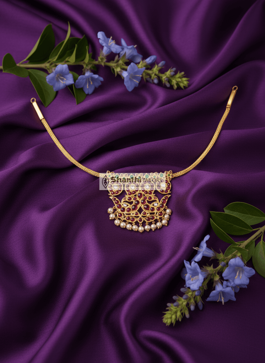 Metha Choker Detail: Handmade temple jewelry necklace, pure silver, gold leaf, classical dance