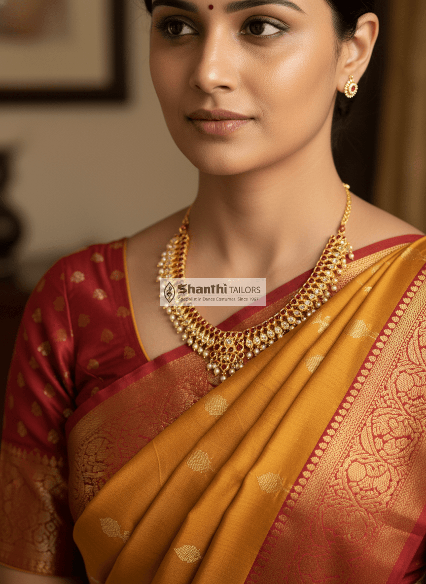Shanthi tailors Temple Necklace. Full view of traditional Indian jewellery set.