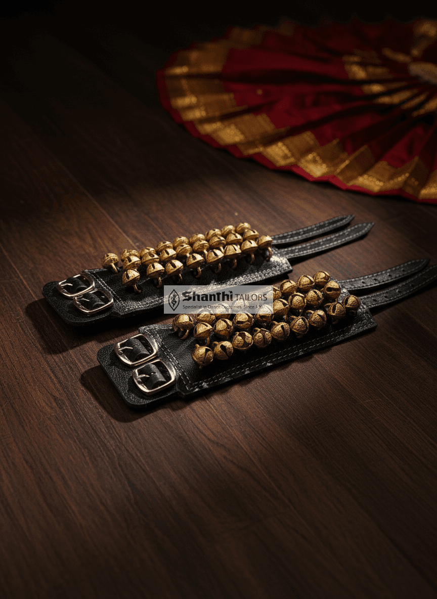 Black Salangai: 3-line Bharatnatyam Dance Bells, black leather strap, traditional Ghungroo.