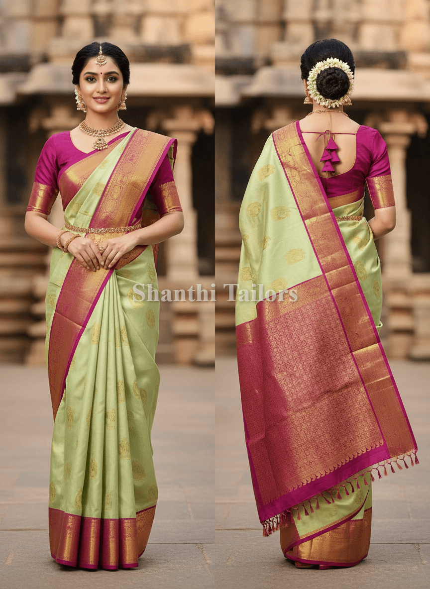 Light Green & Pink Kanchipuram Silk Saree HSN01. Full view, traditional Indian saree.