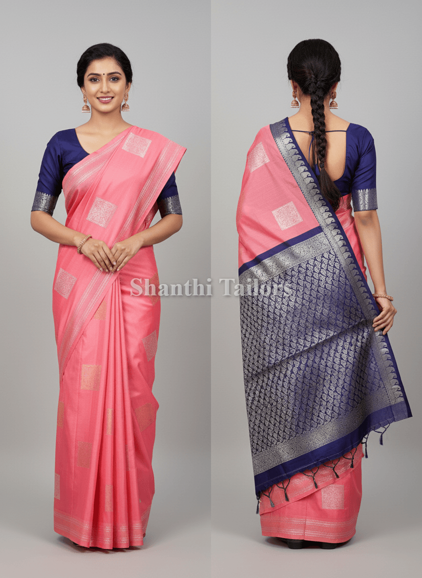 Pink Kanchipuram Silk Saree model shot. Handloom silk saree for weddings and temple wear.