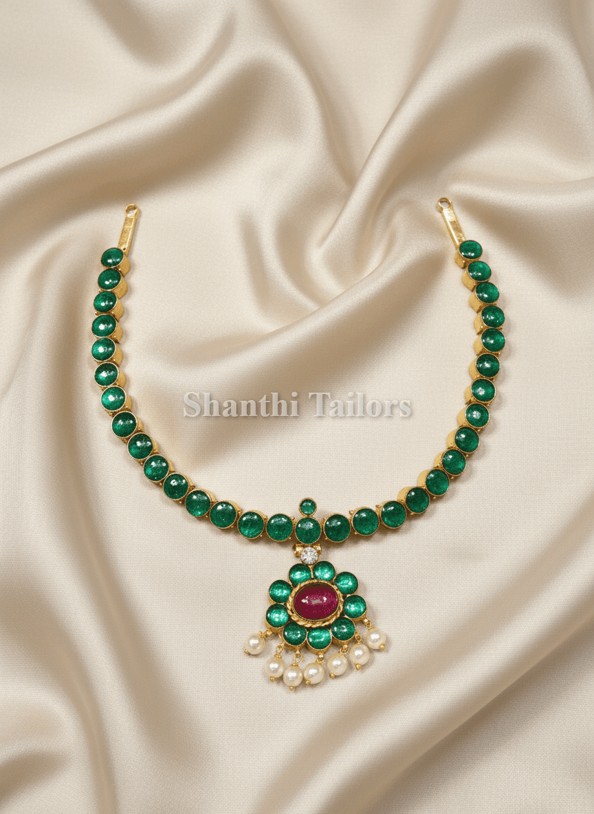 Attigai single stone necklace, silver base gold leaf temple jewellery, Bharatanatyam jewellery set