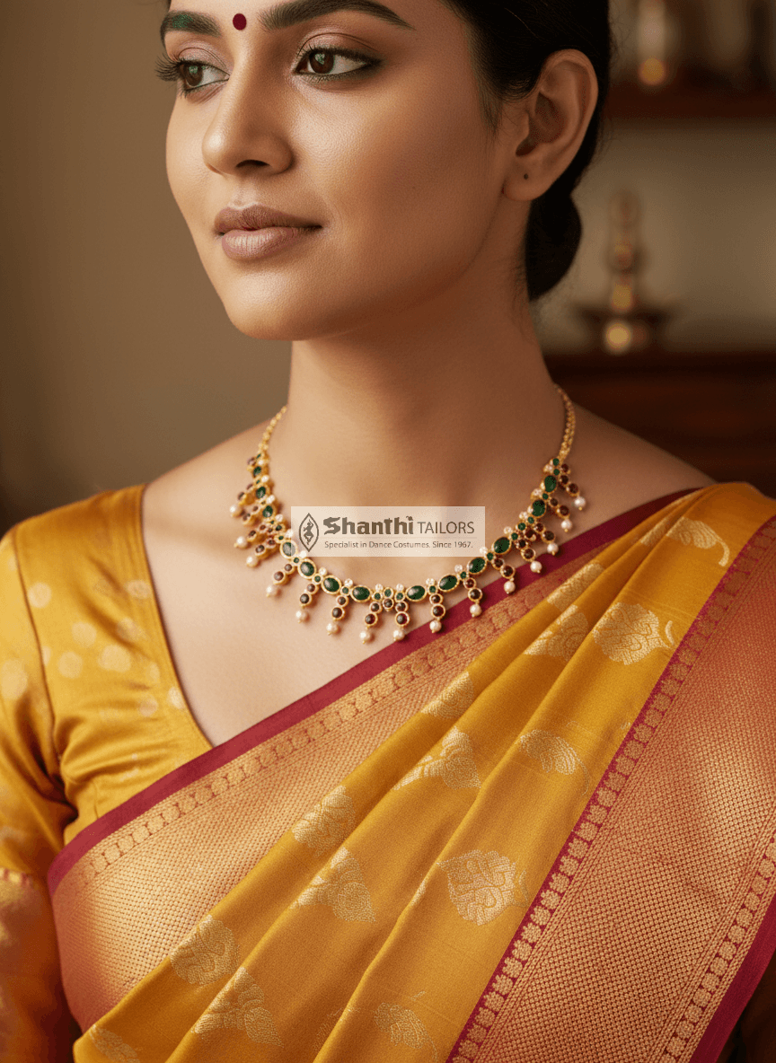 Close-up of Pure Silver 3 Stone Oval Temple Necklace with intricate gold leaf design, professional dance jewelry.
