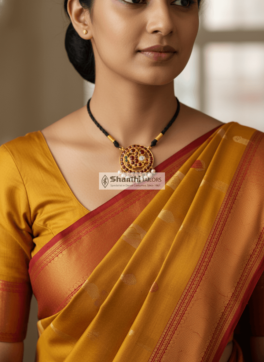 Close-up of Black Thread Necklace featuring a detailed Hamsa swan pendant, handcrafted temple jewellery.