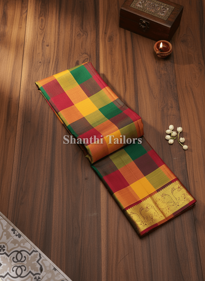 Checked Paalum Pazhamum Kanchipuram saree.
