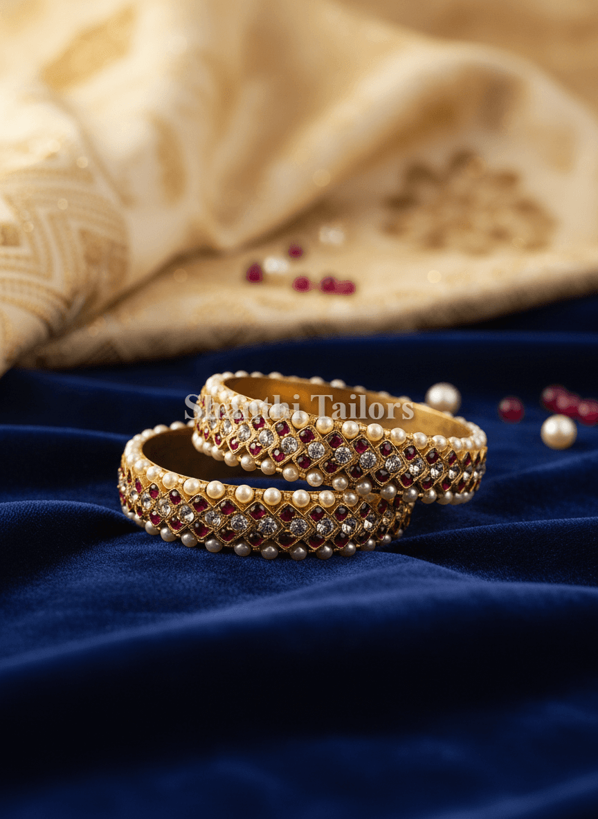 Temple jewellery bangle: silver base gold leaf V Bangle with screw, bharatanatyam jewellery set