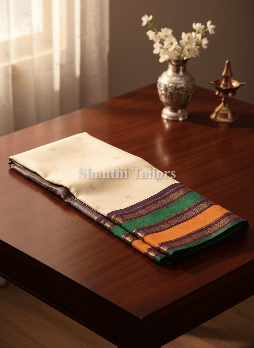 Close-up of Kanchipuram Silk Saree border. Half White with multi-color 2G gold zari detailing.