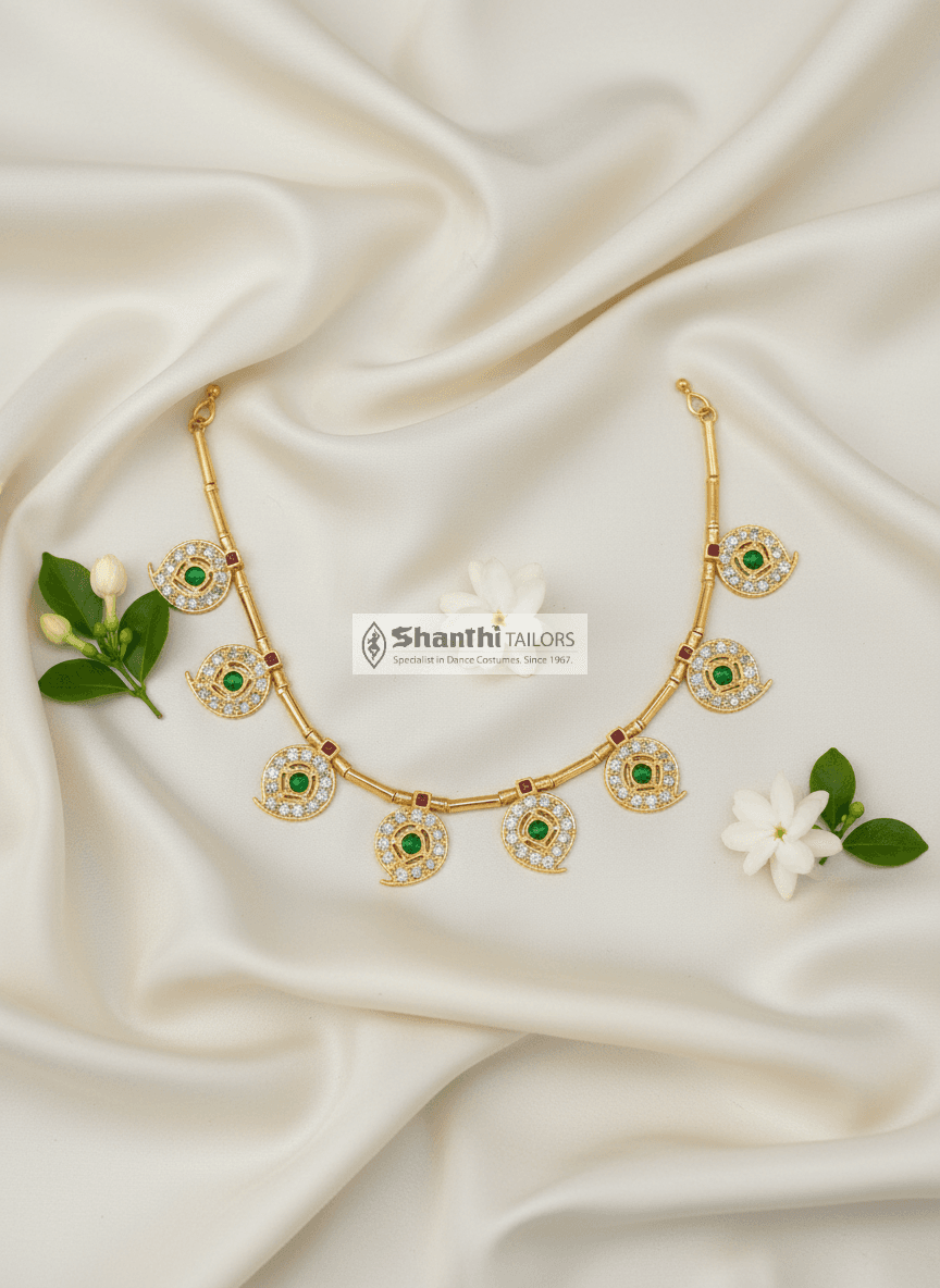 Rani Mango Necklace 8 pc. Temple Jewellery close up. Gold leafed, Bharatnatyam dance necklace.