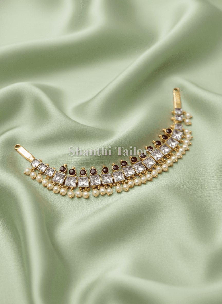 Original Temple Jewellery choker, silver base gold leaf, Kemp stones, bharatanatyam jewellery