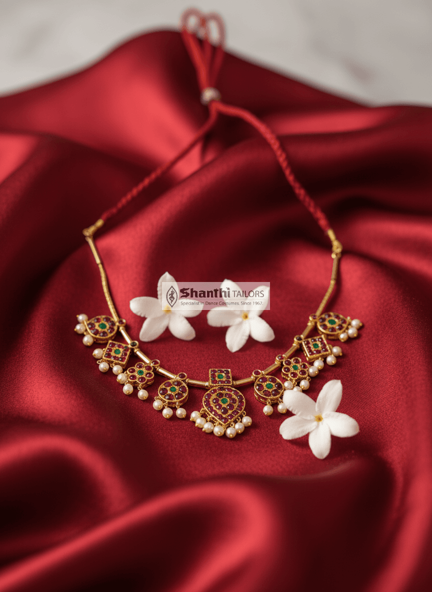 Temple Jewellery Necklace: Handcrafted silver necklace with gold leafing, Bharatnatyam dance jewelry.