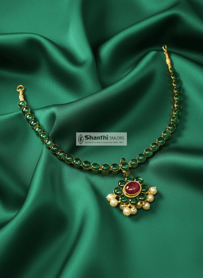 Double Side Attigai: Original Temple Jewellery. Full view, silver with Kemp stones.