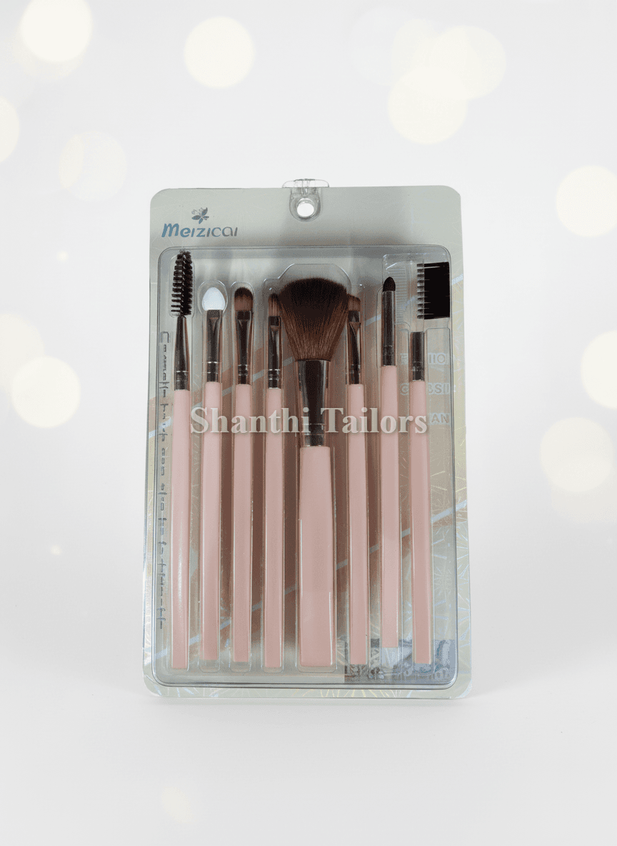 Bharatanatyam makeup brush set by Shanthi Tailors Chennai. Close-up of brush types for stage makeup application.